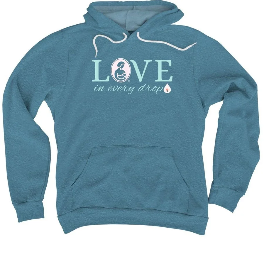 Teal hoodie with "Love in every drop" on the check with the LLL logo in place of the "O" in Love