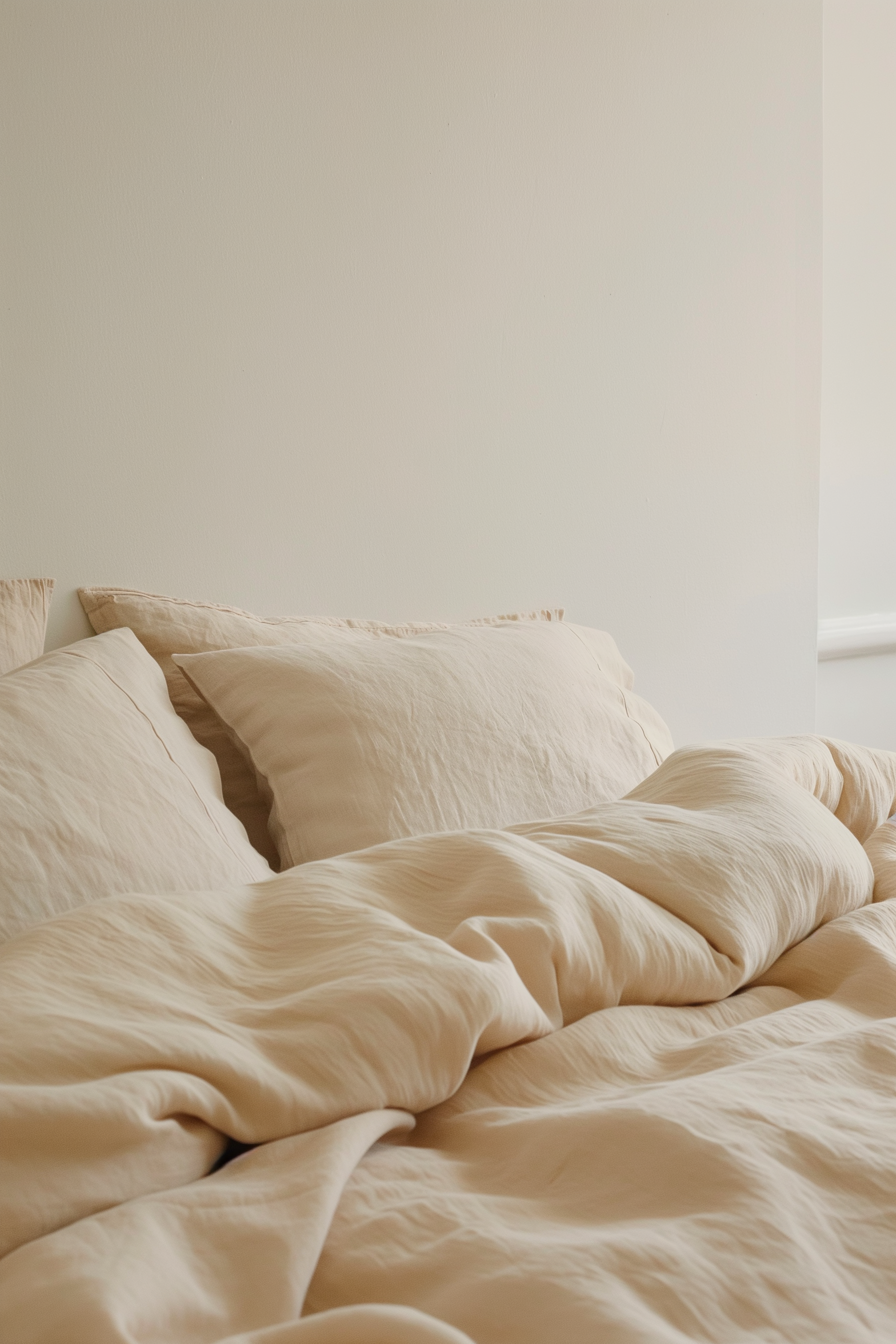 A cozy bed with beige bedding and pillows in a softly lit bedroom with a light-colored wall.