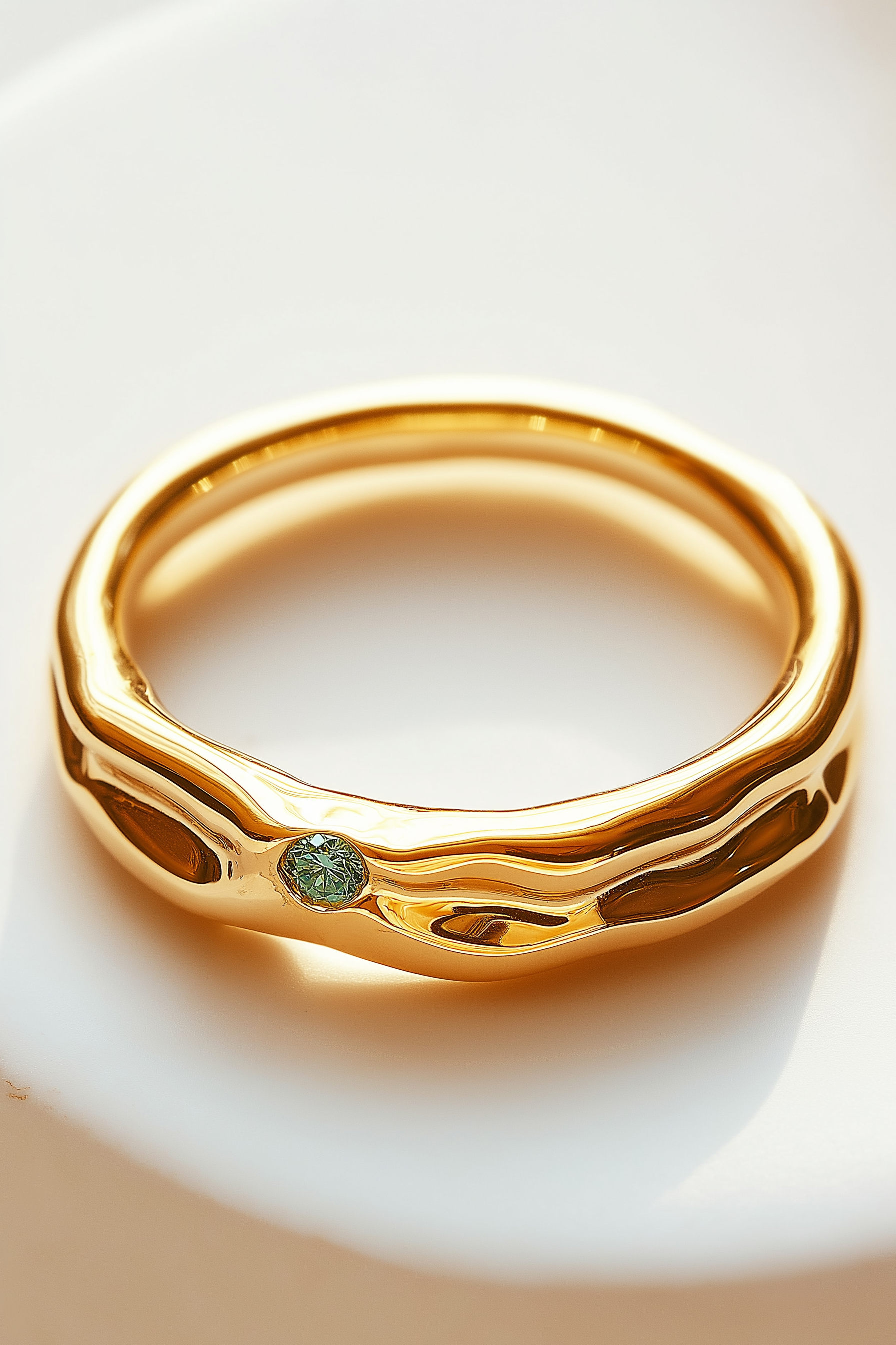 Close-up of a gold ring with a small green gemstone, placed on a white surface.