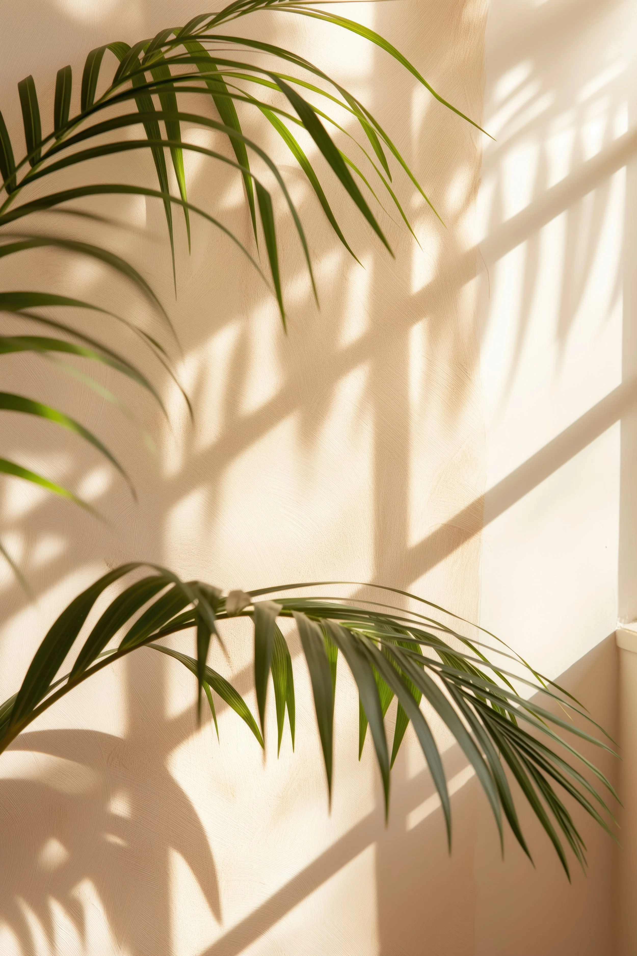 Sunlight casting shadows of green palm leaves on a beige wall.