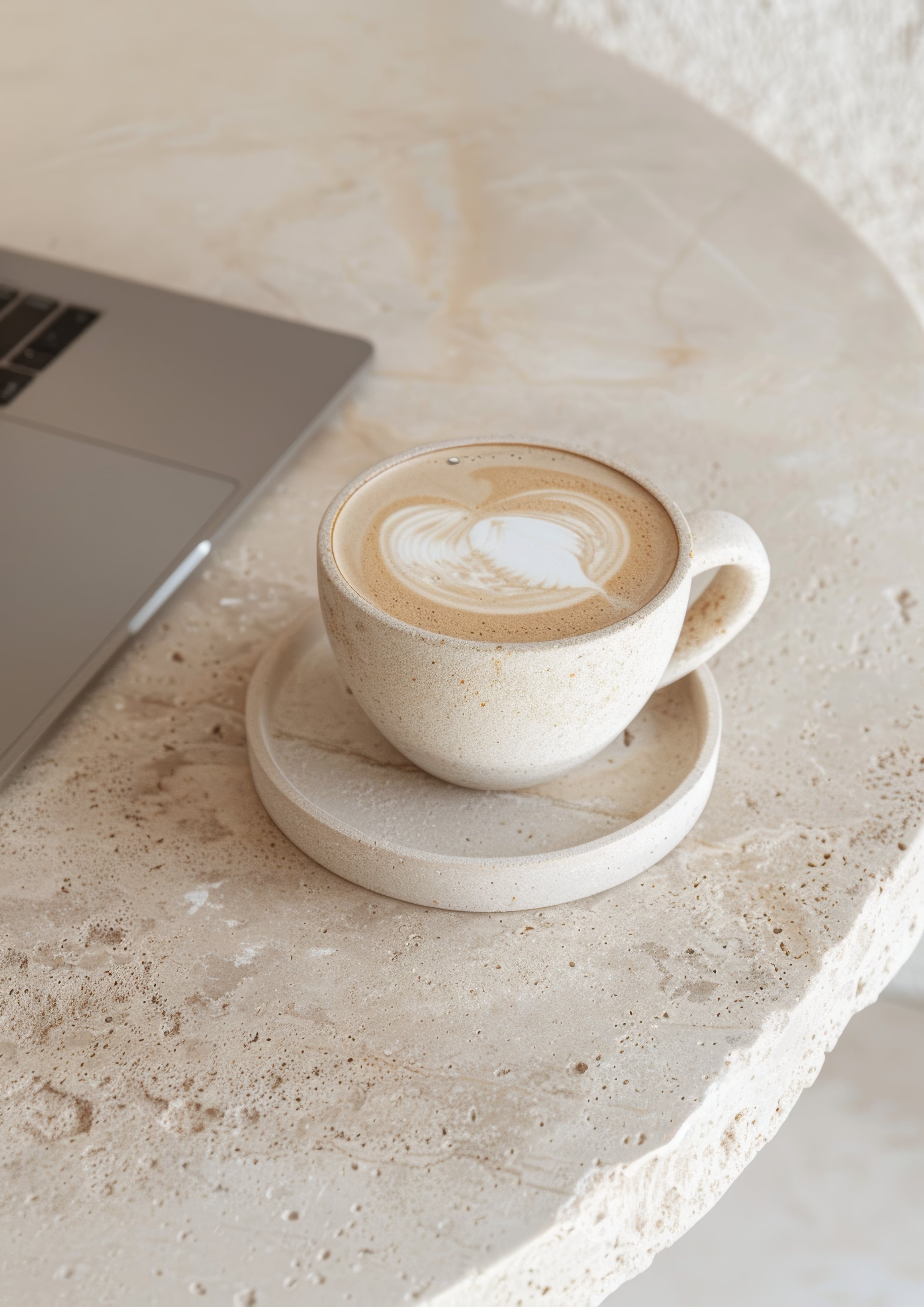 A ceramic coffee cup with latte art, placed on a matching saucer on a beige stone table, with a laptop nearby.