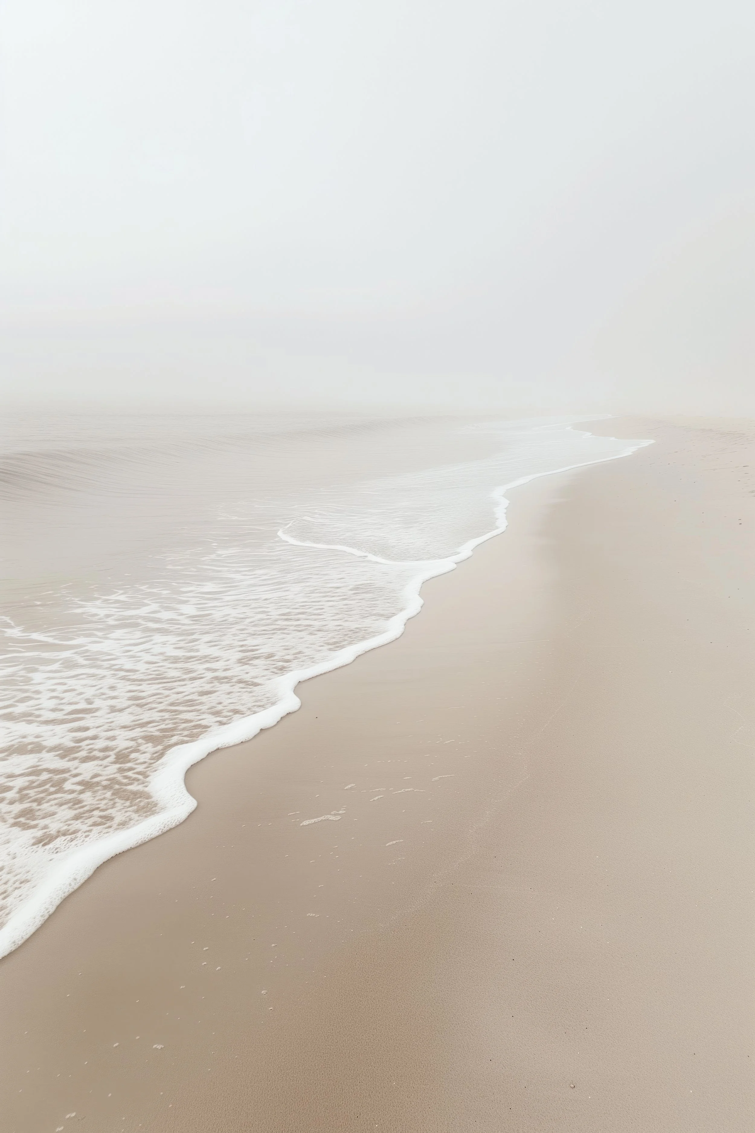 A foggy beach with gentle waves washing onto the sandy shore.