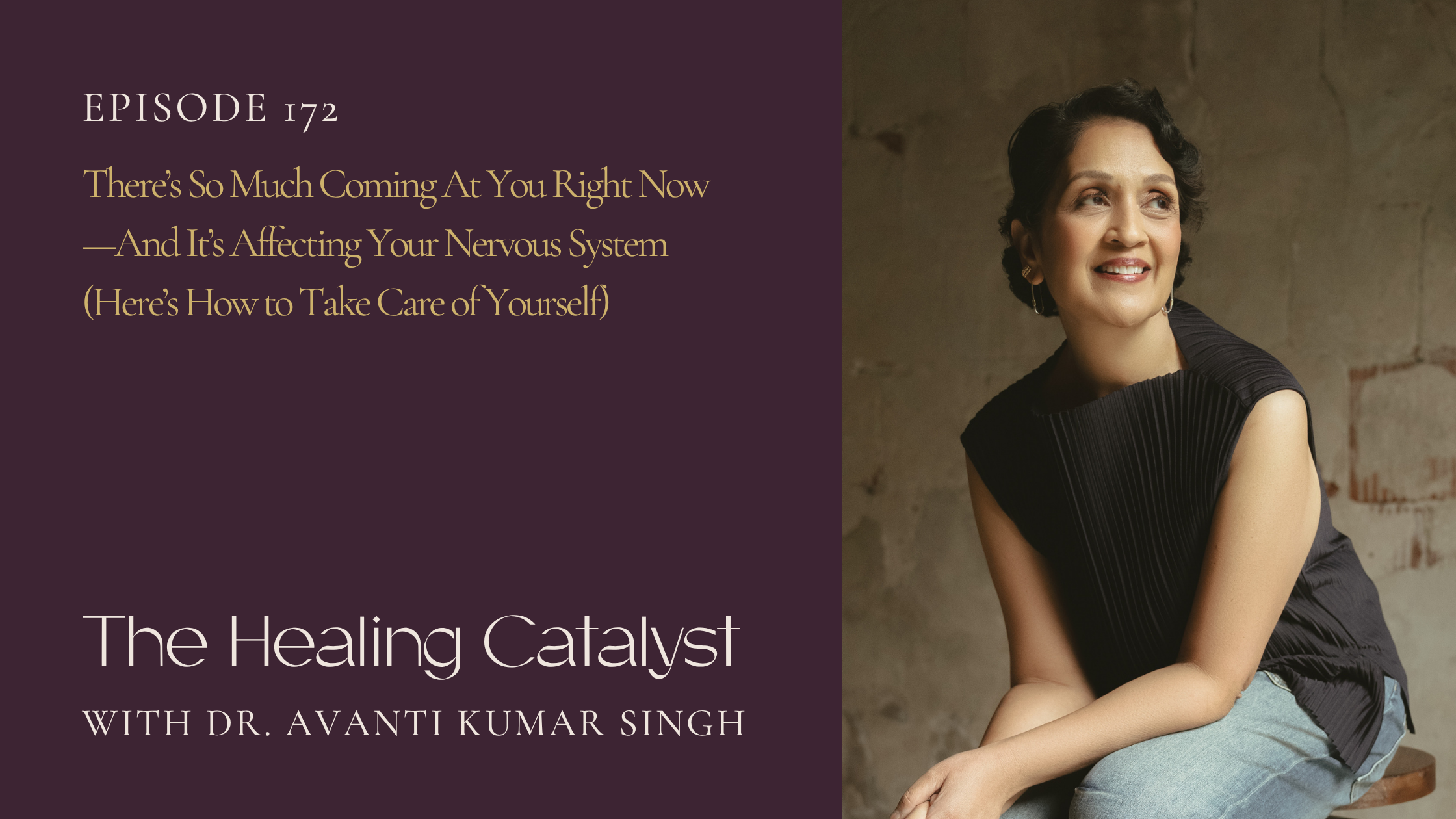 On the right side is Avanti sitting on a wooden stool with her hands resting towards her knees/legs. She is wearing a black ruffled shirt with no sleeves along with blue jeans and gold hoops for earrings. She is smiling and looking away