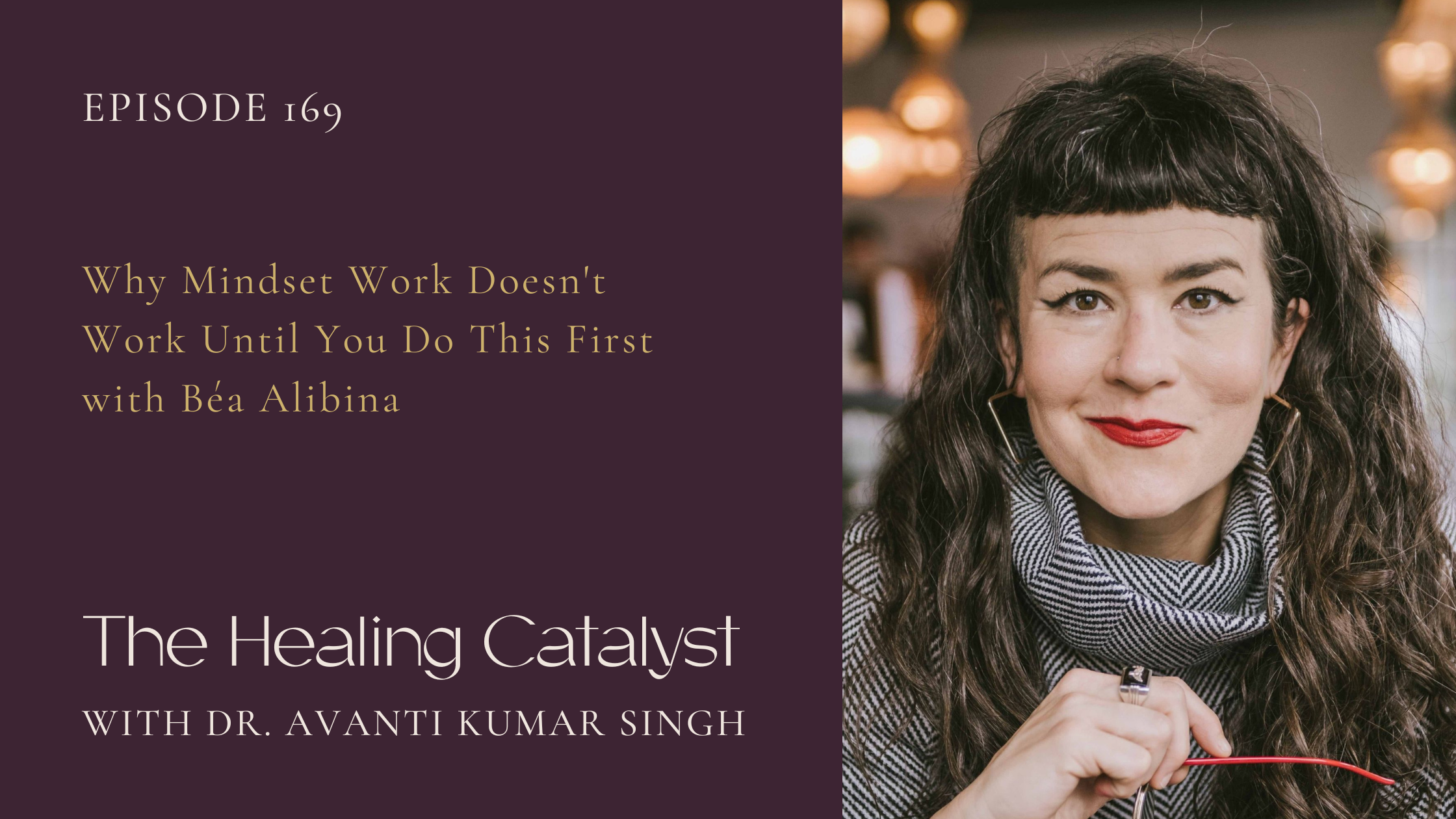 Left side of the graphic has purple background with the title and name of the podcast, right side has an image of Bea with black hair with gray strands and microbangs. She is smiling slightly at the camera with red lip stick and black eyeliner.