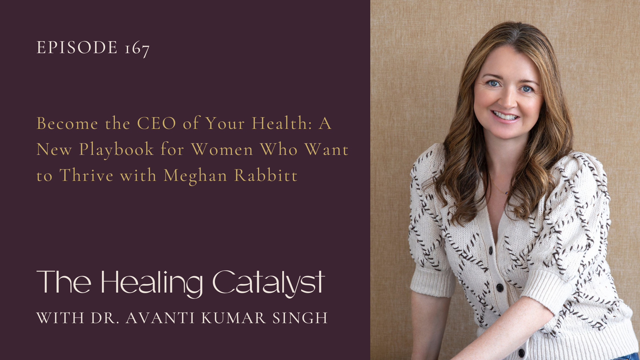 Image: right half of the image is Meghan sitting down wearing a white stitched cardigan with black details and buttons, she is smiling at the camera. Her hair is a mix of light brown and dark brown streaks with slight waves at the ends