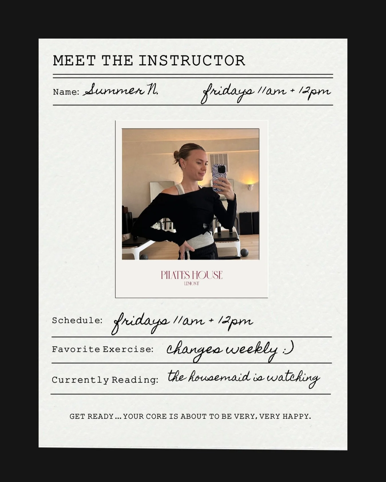 The biggest &lsquo;hello&rsquo; to our gal, Summer 🤍

🤸🏻&zwj;♀️ currently loving: eve&rsquo;s lunge stretch after a hard lunge series (we know you loooove a lunge 😉) 
📖 currently reading: The Housemaid Is Watching 
🎶 currently listening to: any