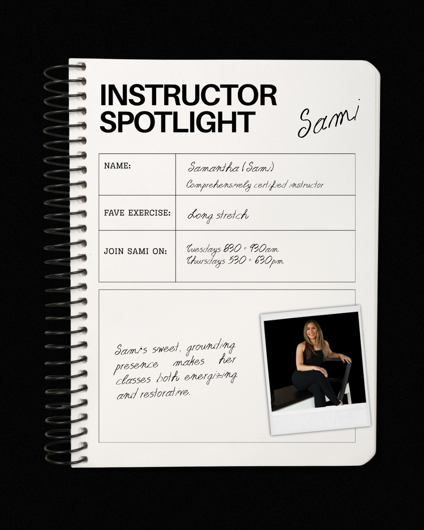 Get to know our gal, Sami 🖤 Sami creates a calm, welcoming space for all clients to move safely. Her sweet, grounding presence makes her classes equal parts energizing and restorative. She is also our biggest #SWIFTIE in the house (ask her to play s