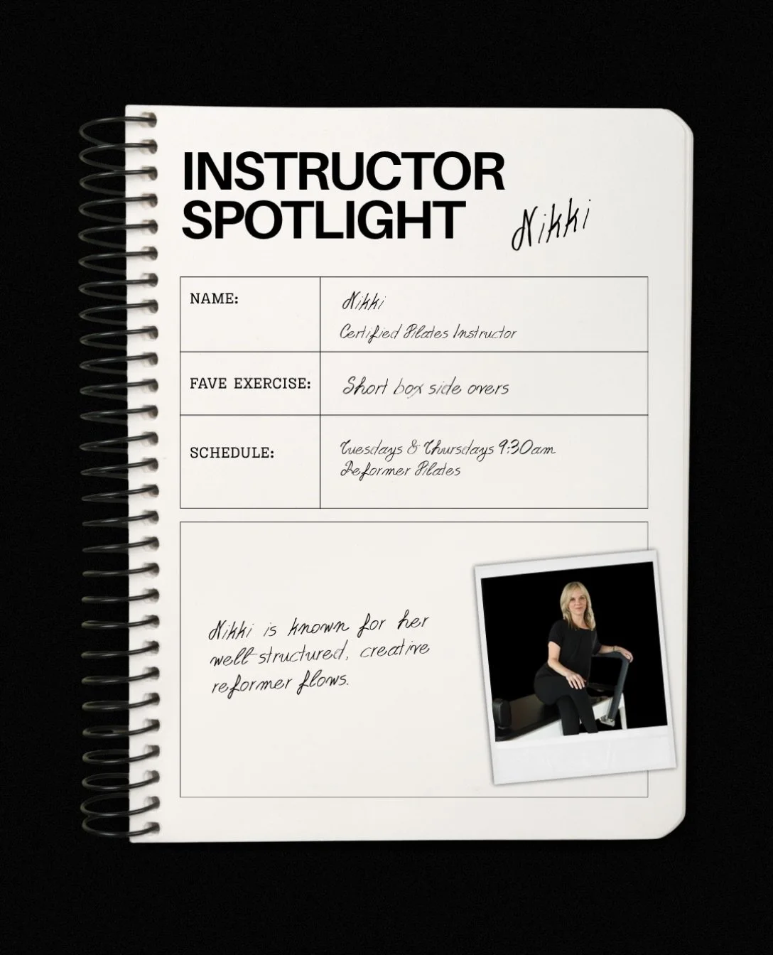 Join Nikki weekly on Tuesdays &amp; Thursdays at 9:30 am 🖤 look forward to a creative full-body class that moves the spine, challenges your abdominal control, and is catered to your needs.