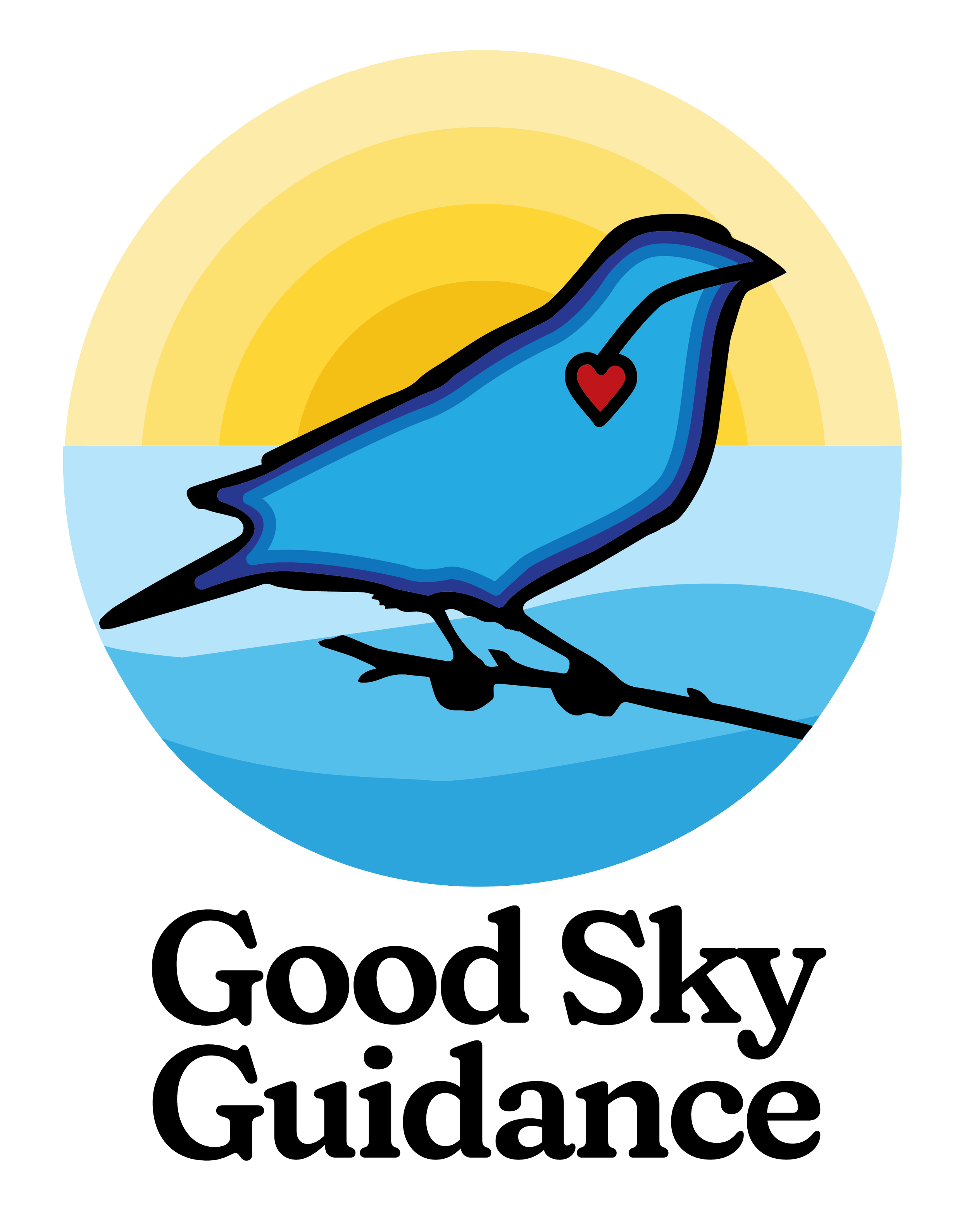 Stylized illustration of a blue bird with a red heart on its chest, standing on a branch in front of a sunrise over water, with the words "Good Sky Guidance" written below.