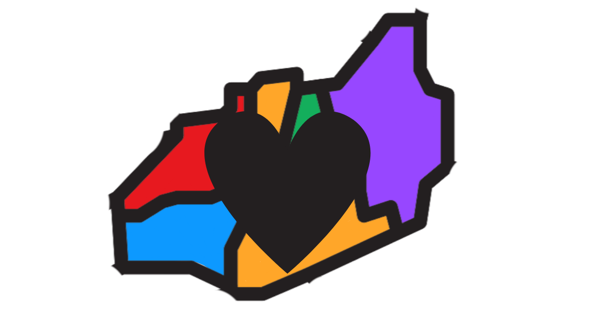 Colorful map of Columbia, Montour, Union, Snyder and Northumberland counties (PA) with a black heart in the center.