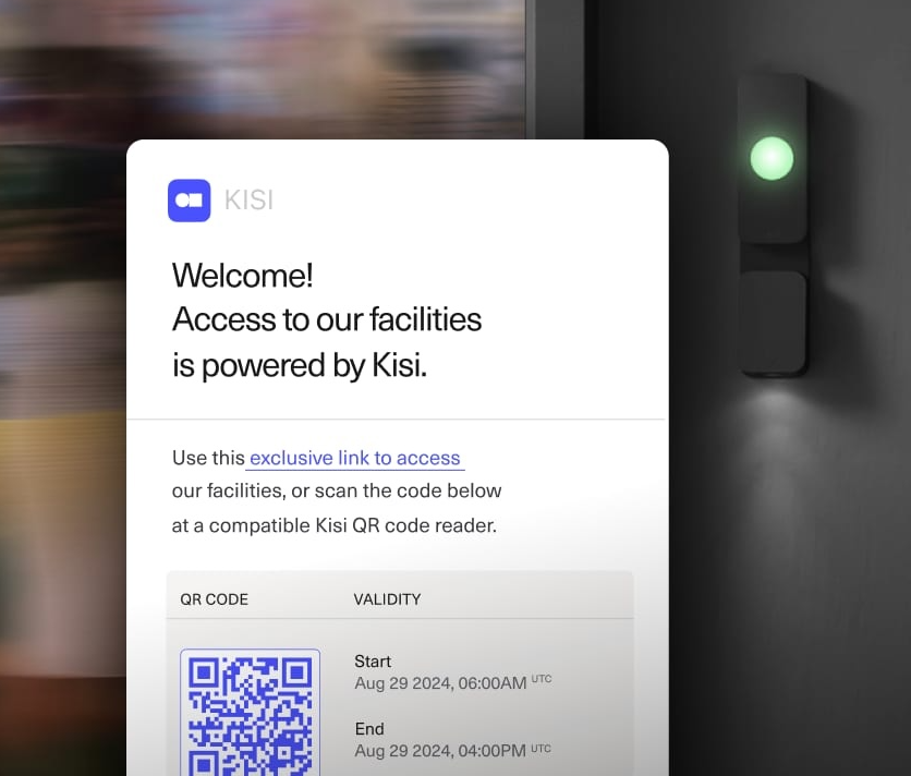 Screenshot of a digital access card for facilities, powered by Kisi, showing a QR code and validity period from August 29, 2024, 6:00 AM to 4:00 PM UTC.