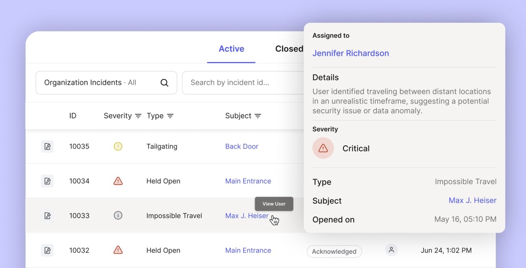 A computer screen displaying an incident management dashboard with a list of incidents. The list includes incident IDs, severity levels, types, and subjects. One incident titled 'Impossible Travel' assigned to Max J. Heiser is highlighted, with a detailed view showing this incident's description indicating a potential security issue due to travel between distant locations in an unrealistically short time.