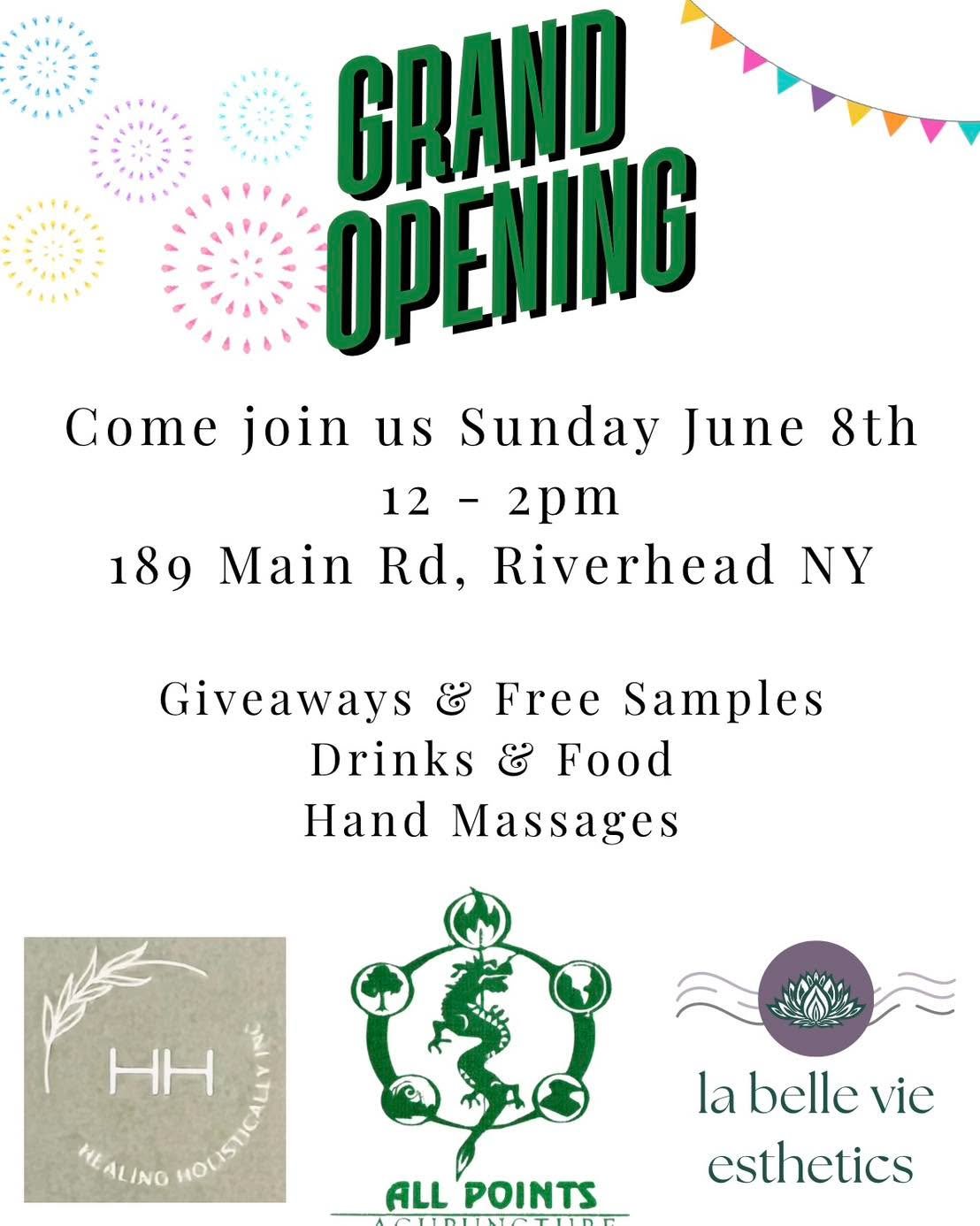 ✨GRAND OPENING✨

All Points Acupuncture, Healing Holistically, and La Belle Vie Esthetics invite you to join us!

Raffle giveaway, free samples, food and drink, &amp; much more!

Head on over Sunday June 8th to celebrate❣️

#longisland #grandopening 
