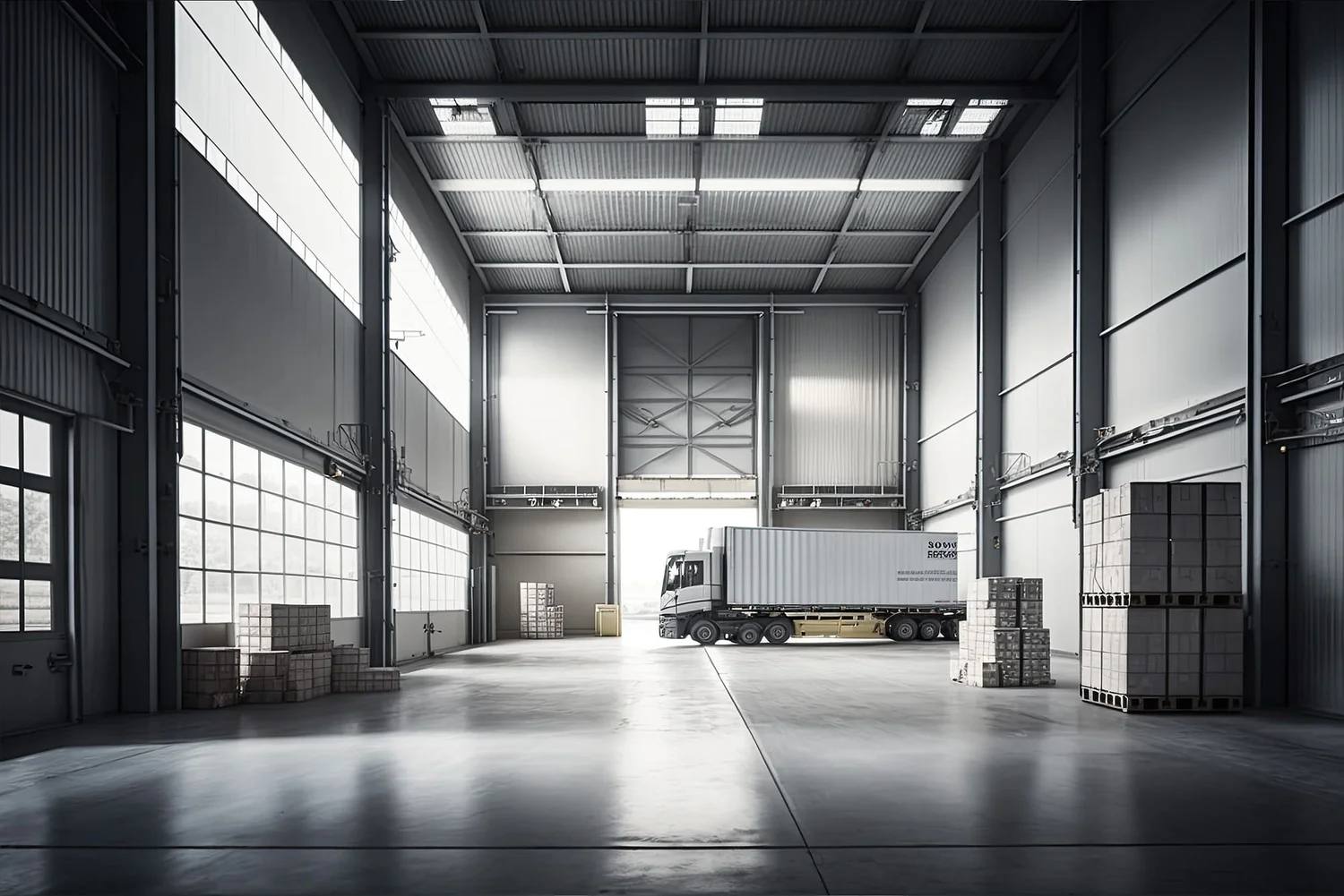 Interior view of a large warehouse with a truck carrying a container, surrounded by stacked pallets of boxes and crates.
