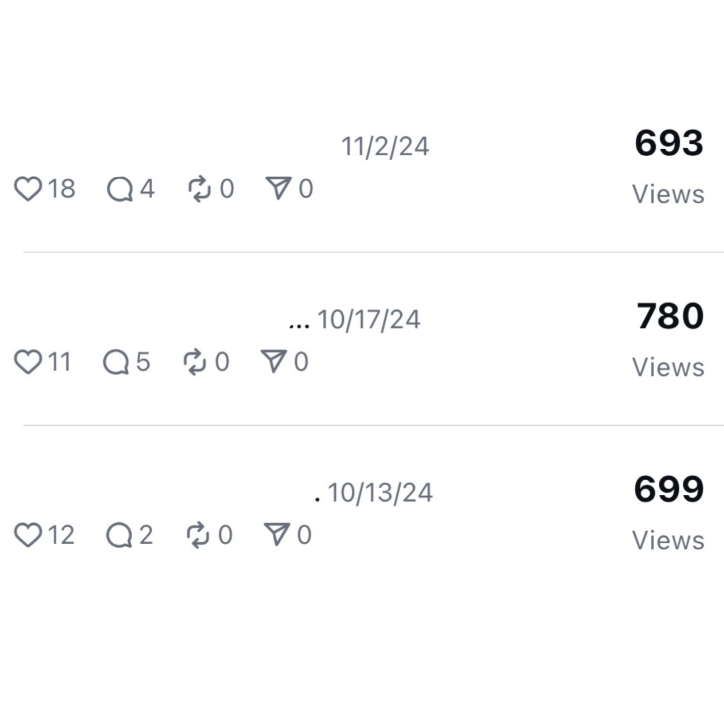 Screenshot of three social media posts showing dates, engagement metrics, and views, with icons for likes, comments, and sharing.