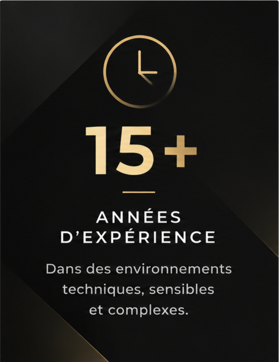 Icone d'une horloge en or avec le texte '15+ années d'expérience' et une description de leur expertise dans des environnements techniques, sensibles et complexes.