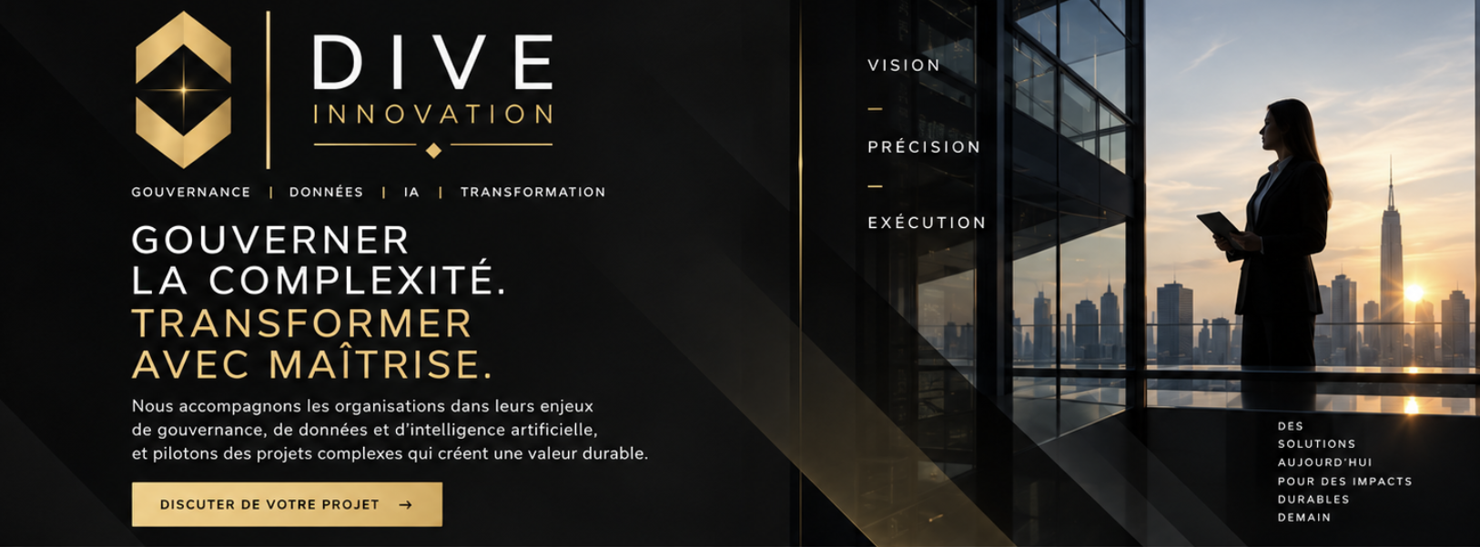 Page web promotionnelle de Dive Innovation avec texte en français, logo doré, et photo d'une femme d'affaires regardant la ville depuis un balcon en soirée.