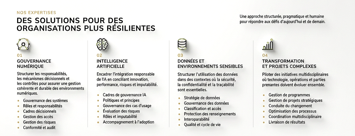 Infographie présentant 4 solutions pour des organisations plus résilientes : gouvernance numérique, intelligence artificielle, données et environnements sensibles, transformation et projets complexes, avec descriptions pour chacun.
