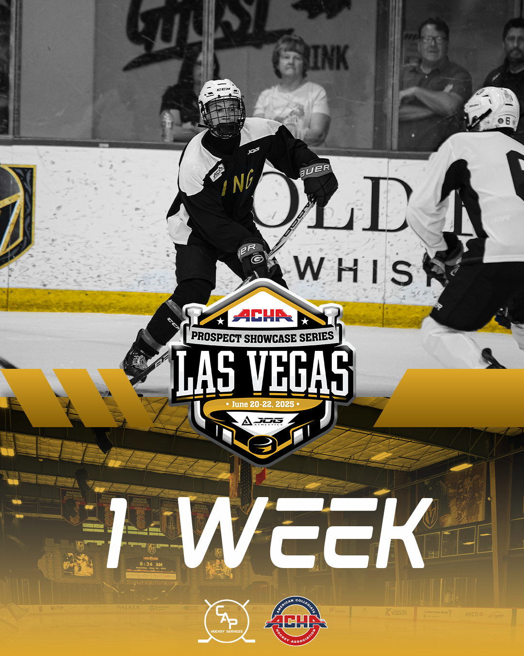 Hockey game with players in action on the ice rink, featuring a promotional overlay for the ACHSA Prospect Showcase Series in Las Vegas, June 20-22, 2025, indicating the first week of the event.
