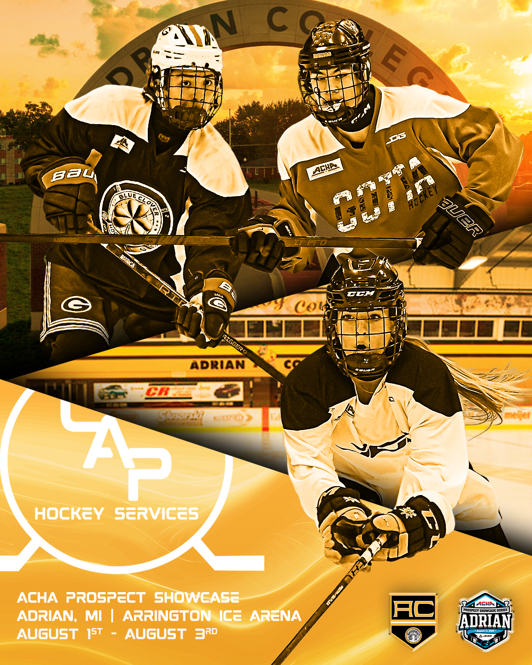 Poster featuring three ice hockey players in gear, with a background of a hockey rink and an arched sign reading 'DREAM CONC'. The poster promotes the ACHA Prospect Showcase at Arrington Ice Arena in Adrian, Michigan, from August 1st to August 3rd.