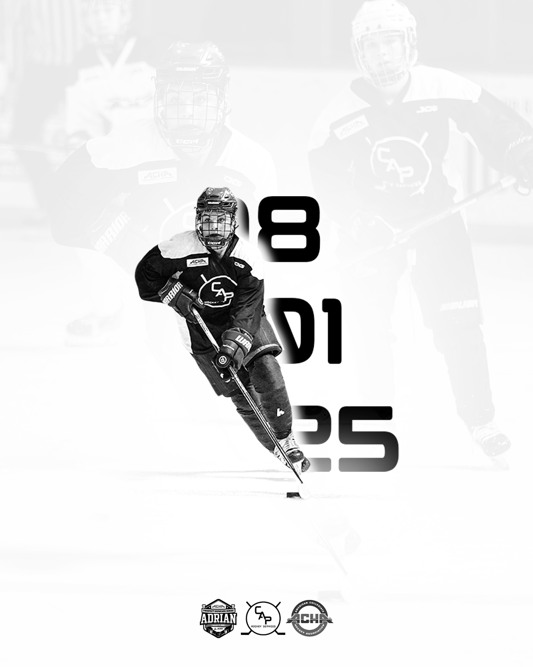Black and white photo of a young hockey player in motion on the ice, wearing a helmet, gloves, and uniform, with the number 8 displayed prominently over the image, and three logos at the bottom.