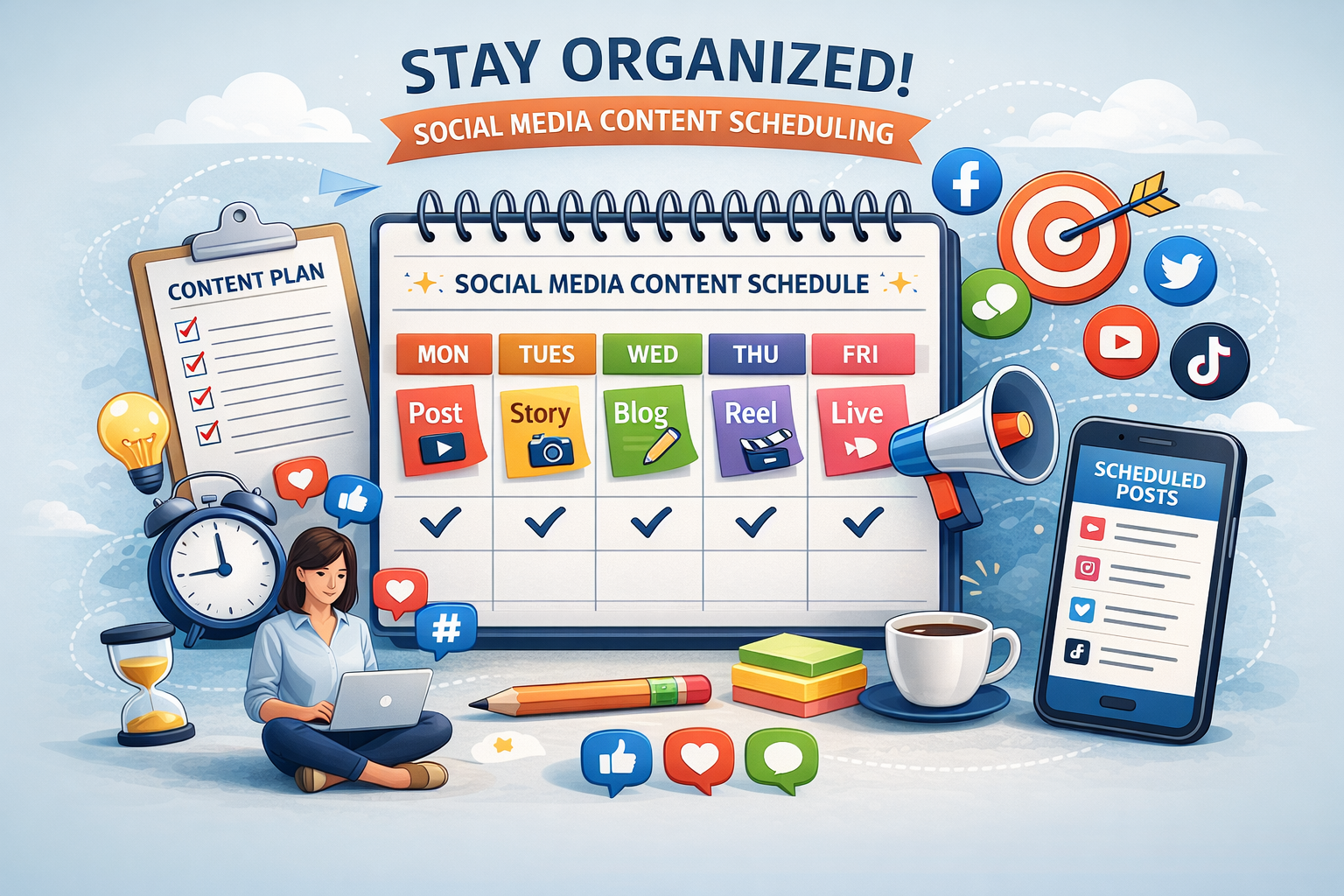 Graphic showing social media content scheduling with a weekly planner, content plan checklist, clock, coffee, woman with laptop, and various social media icons.