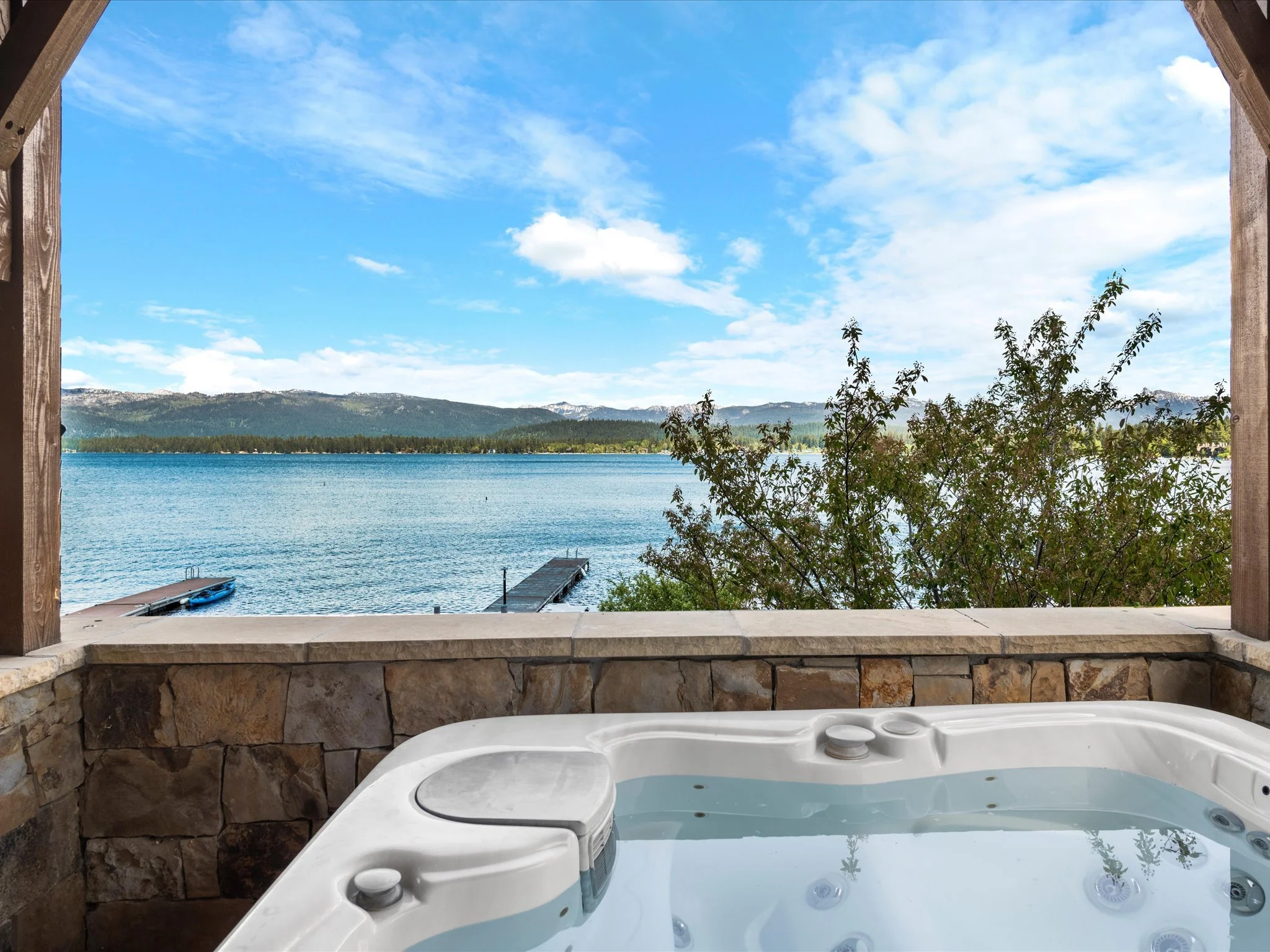 Hot tub overlooking Payette Lake at a luxury vacation rental in McCall, Idaho