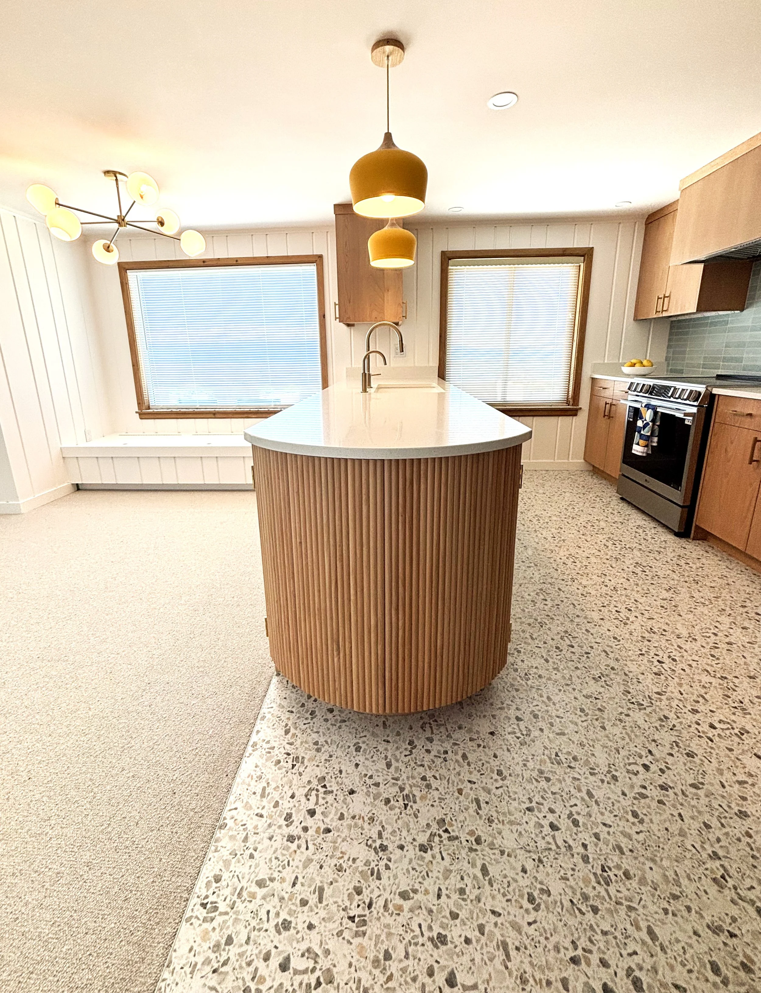 Interior Design. Home Remodel. Interior Designer. Whidbey Island. Whidbey Island interior design. Whidbey Island interior designer. Spatial Design. Kitchen with peninsula. Mid-century modern. MCM. 