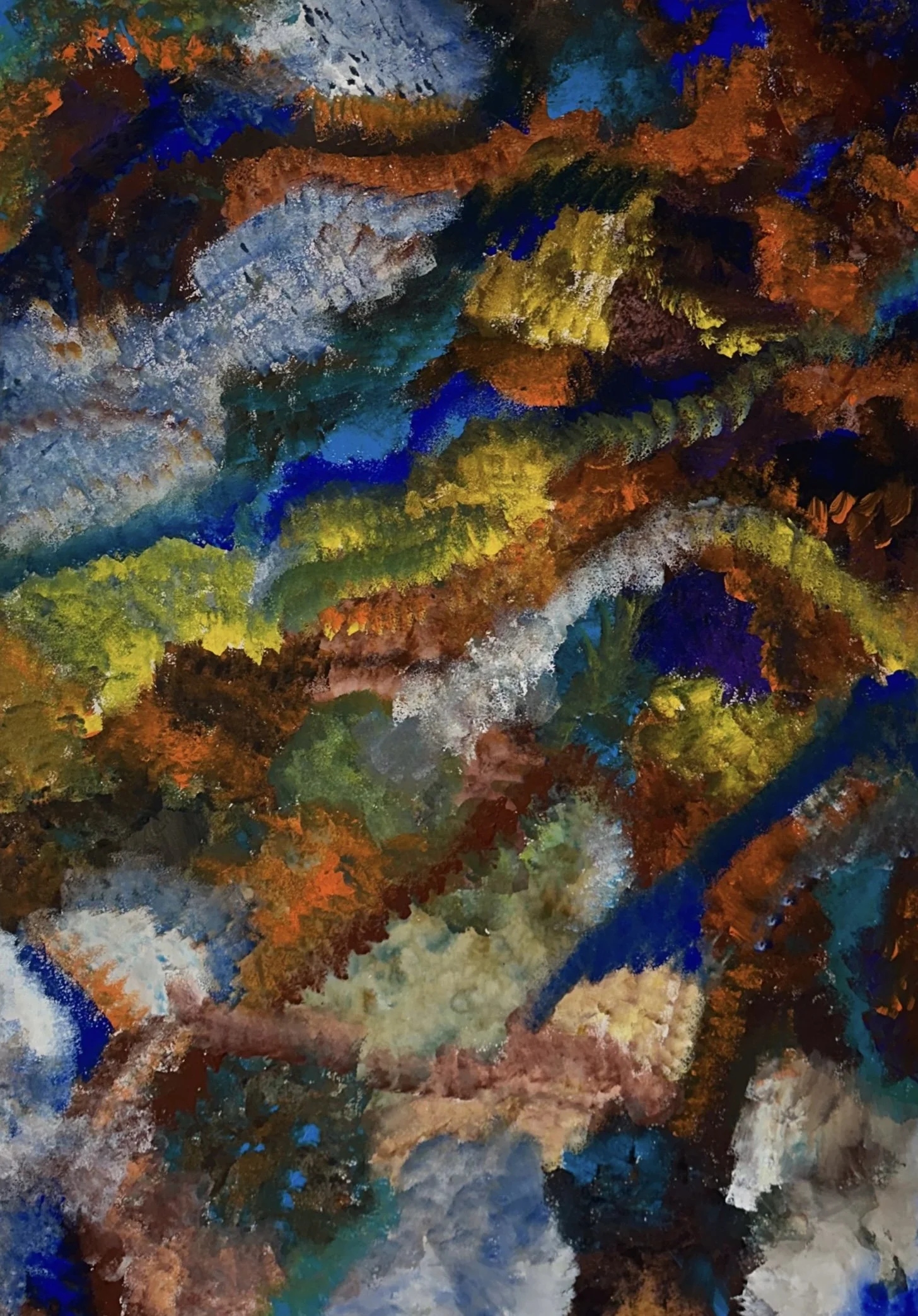 Abstraktes Gemälde mit impasto-artiger Textur, Farbkomposition in Erdtönen und Blau, zeitgenössische Originalkunst.