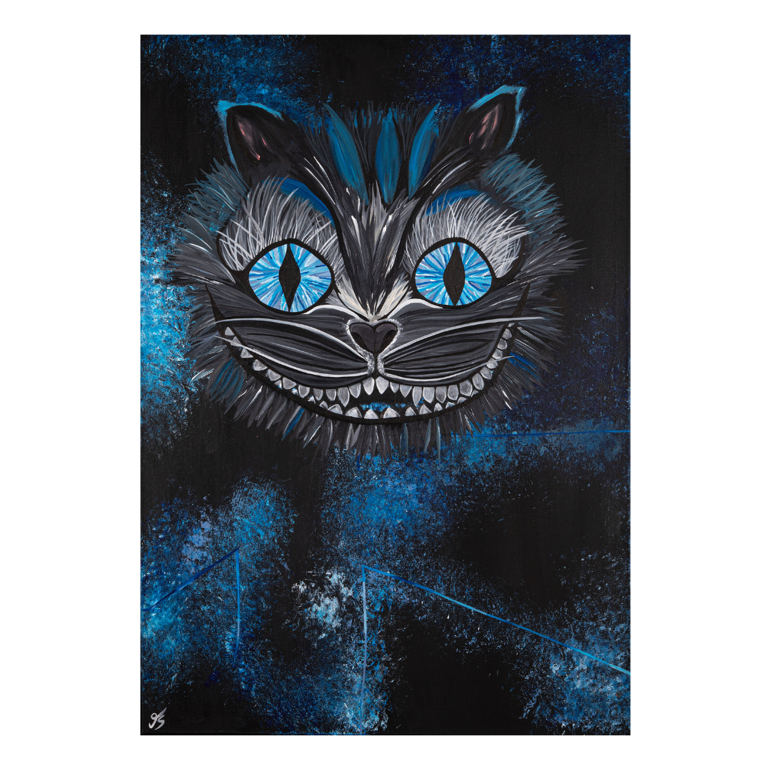 Abstrakte Darstellung der Grinsekatze aus Alice im Wunderland in Blau-, Weiß- und Grautönen auf schwarzer Leinwand, mit leuchtenden Farbkontrasten und ihrem charakteristischen geheimnisvollen Lächeln.