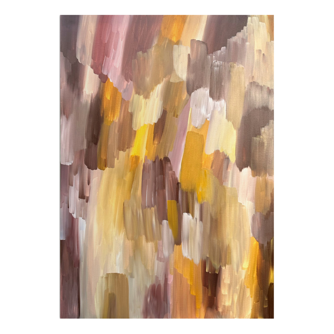 Abstraktes Acrylgemälde mit rhythmischen Farbflächen in Altrosa, Mauve, Goldgelb und Creme, in einer harmonischen Komposition warmer Erdtöne.