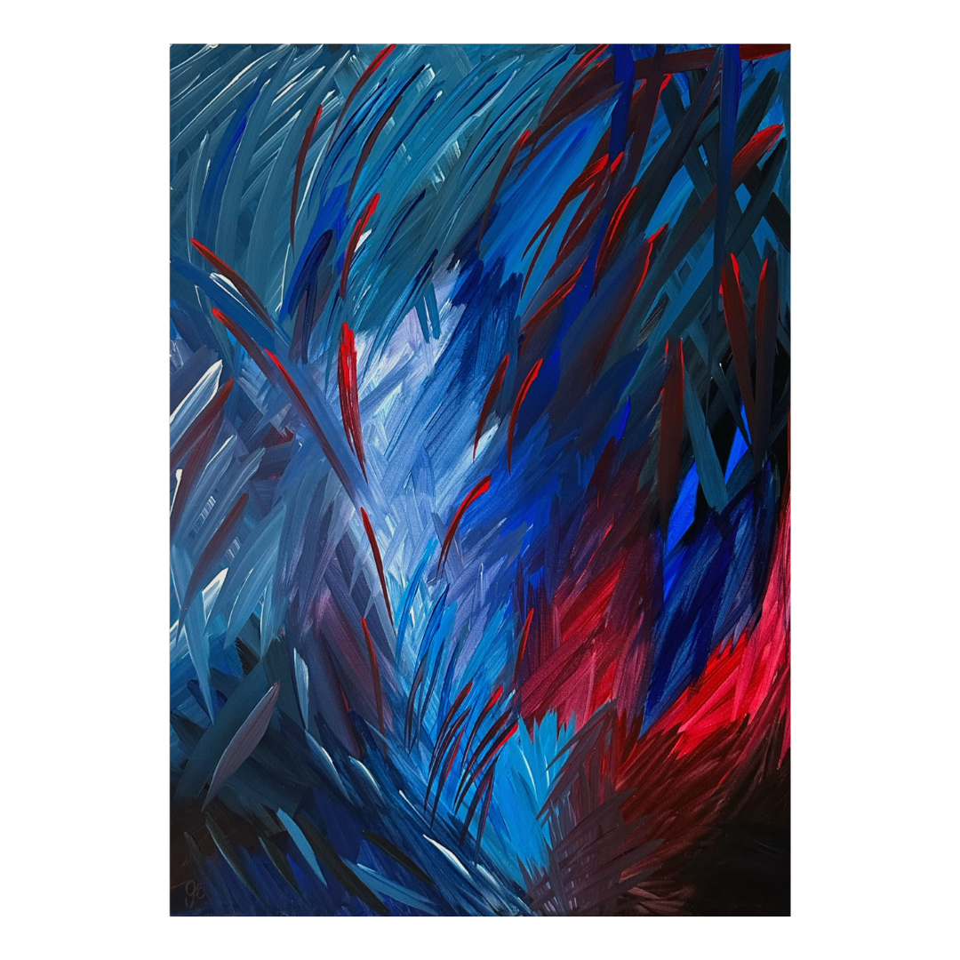 Abstraktes Acrylgemälde mit dynamisch fließenden Pinselstrichen in Kobaltblau, Nachtblau und Scharlachrot – expressives Originalgemälde, handgemalt.