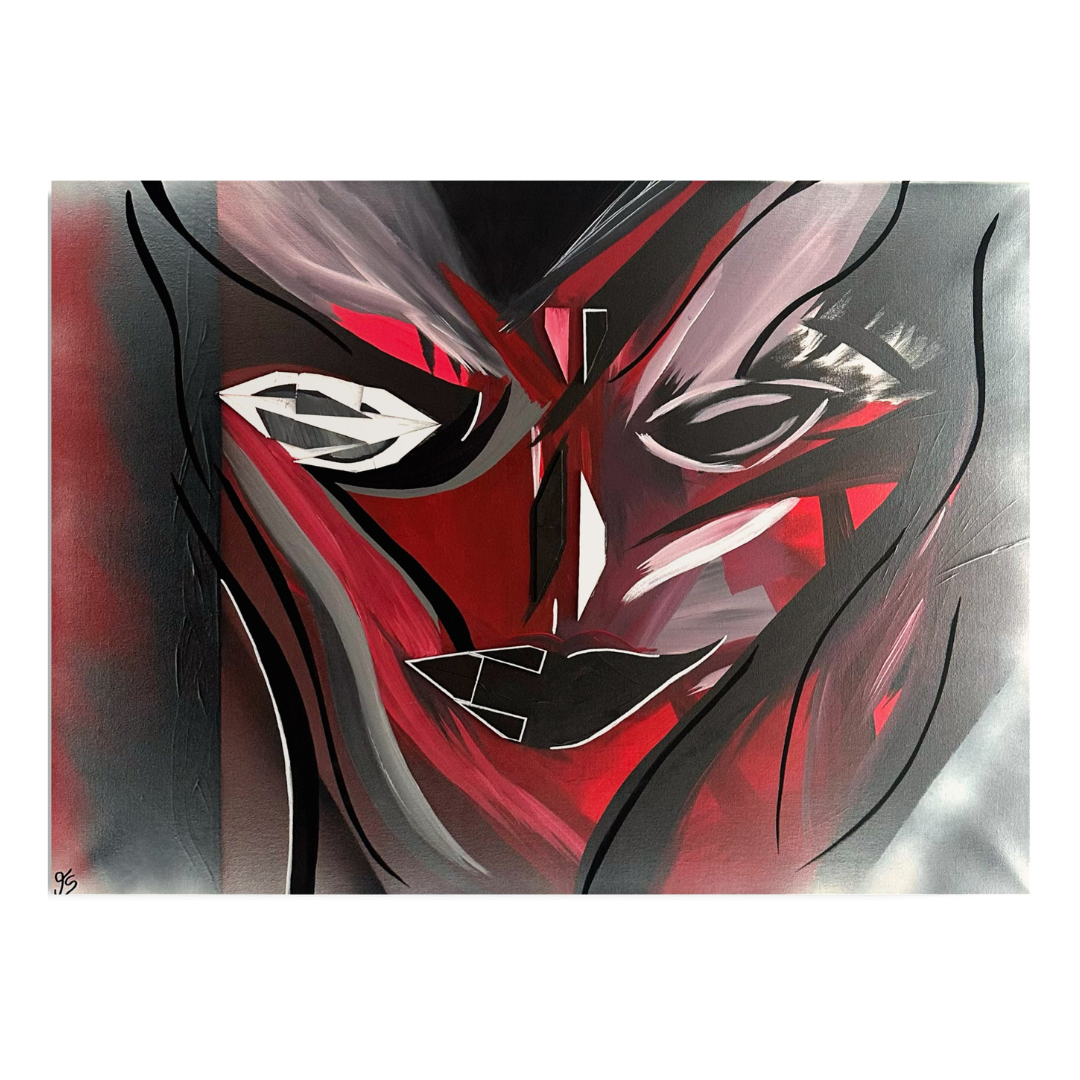 Expressives Acrylgemälde eines abstrakten Gesichts mit intensivem Blick in Schwarz-, Rot- und Weißtönen, mit collagiertem Holzelement für Mund und Nase, in einer dramatisch-figurativ-abstrakten Komposition.