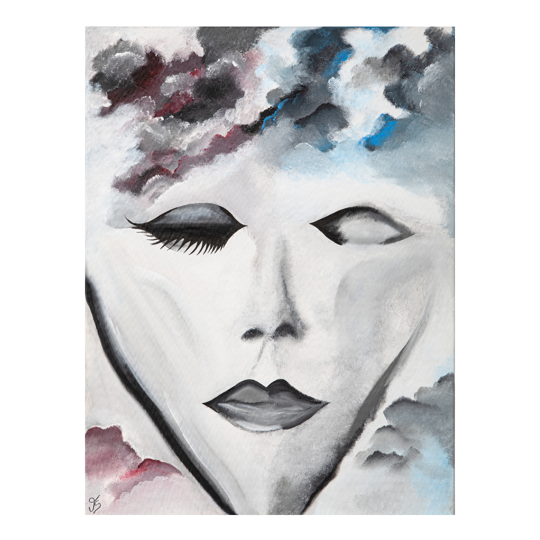 Figuratives Acrylgemälde eines weiblichen Gesichts in Grau- und Weißtönen mit geschlossenem Auge und dramatischen Wolken in Blau und Bordeaux, in einer surrealistischen Komposition.