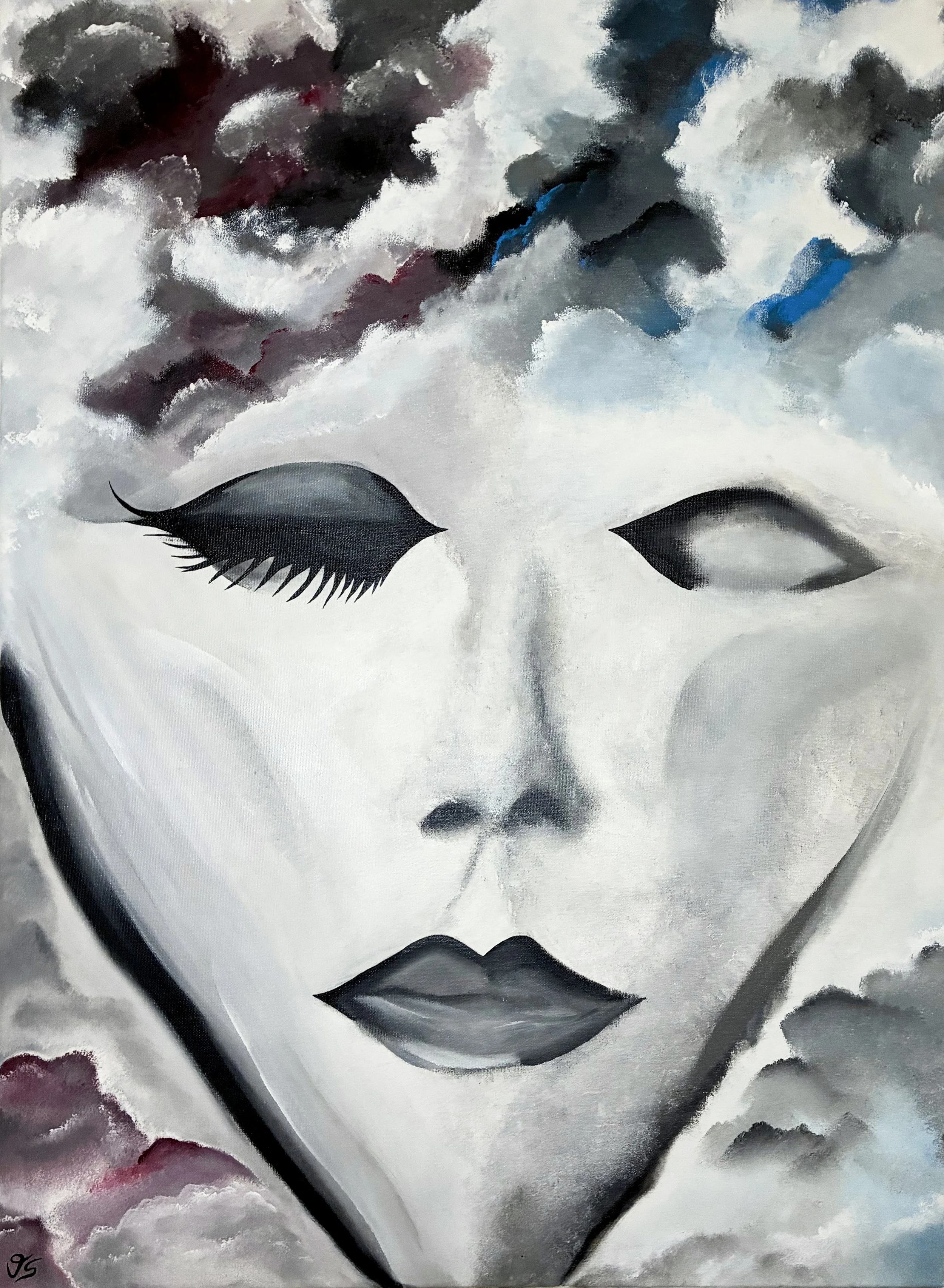 Acrylgemälde eines Gesichts in Grau- und Weißtönen mit geschlossenem Auge, umgeben von dramatischen Wolken in Blau und Bordeaux, in einer surrealistischen Komposition, die eine Zwischenwelt zwischen Wachsein und Traumzustand darstellt.