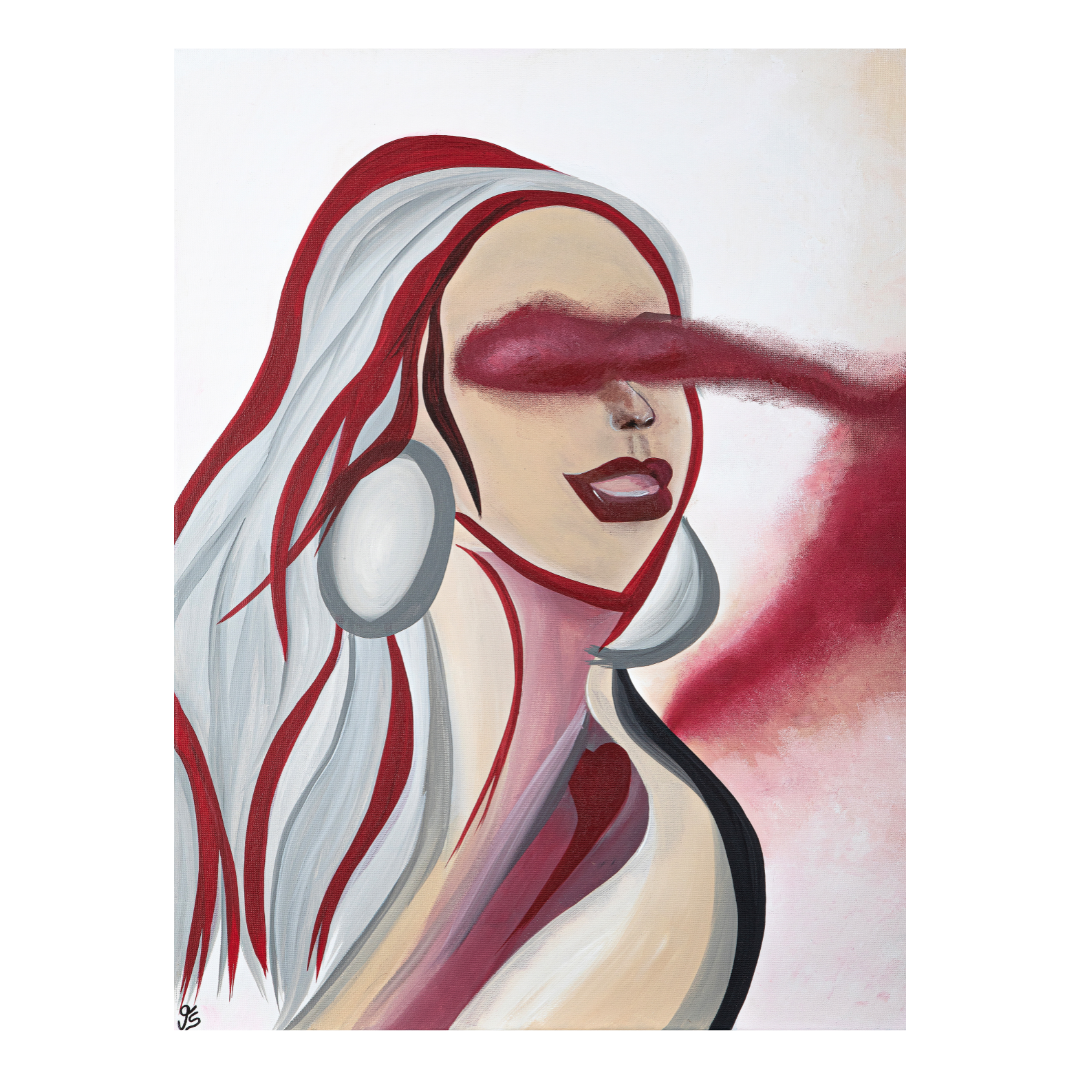Figuratives Acrylgemälde einer Frau mit weißen Haaren und einem nebelartigen, rosaroten Schleier vor den Augen, in Bordeaux-, Creme- und Grautönen, das Liebe als emotionalen, inneren Zustand zwischen Kopf und Herz symbolisiert.