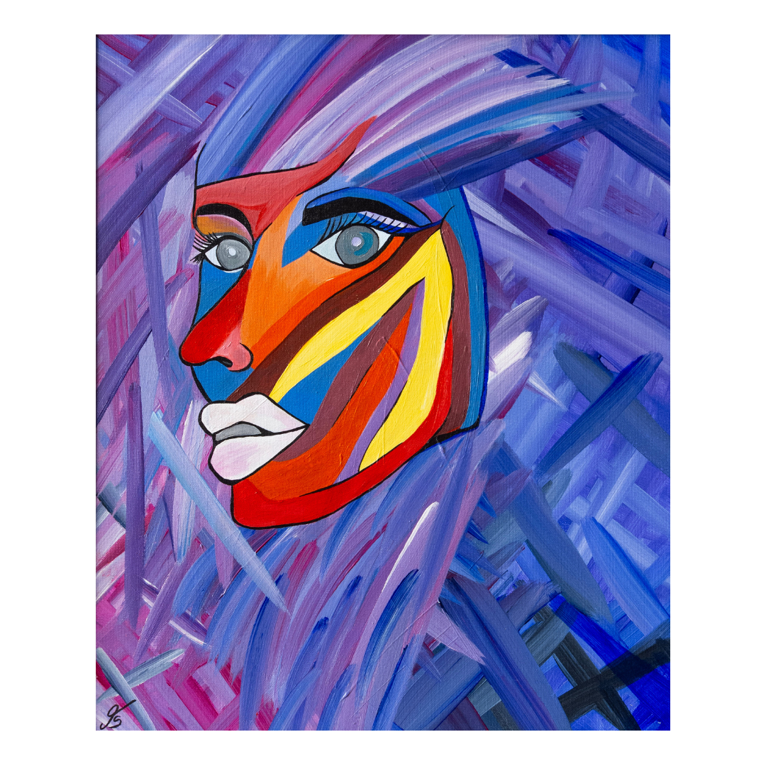 Expressives Acrylgemälde eines abstrakten Frauenportraits mit geometrisch unterteiltem Gesicht in Orange, Rot, Gelb und Blau vor dynamischem Hintergrund in Violett und Blau.