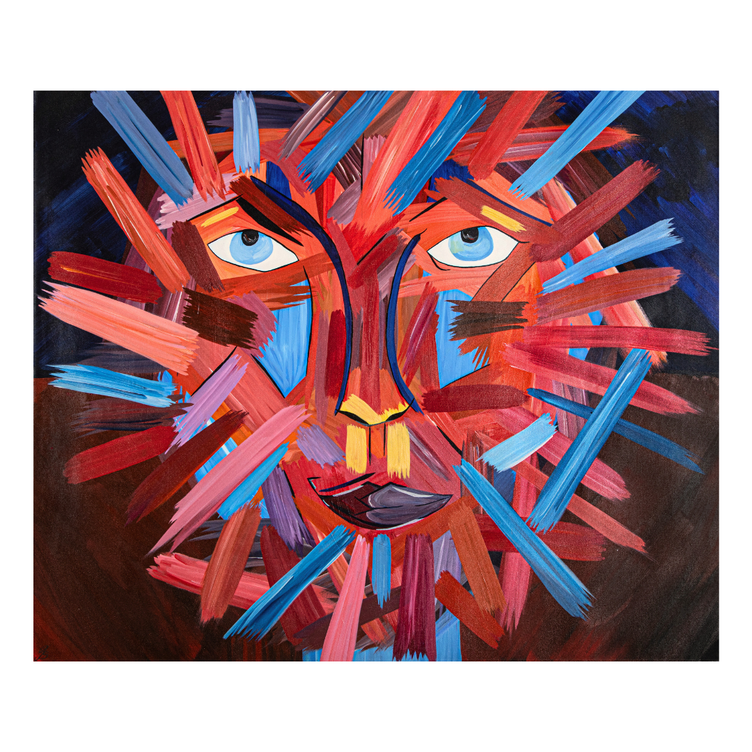 Expressives Acrylgemälde eines abstrakten Gesichts mit blauen Augen, aufgebaut aus dynamischen Pinselstrichen in Rot, Orange, Blau und Rosa. Figuratives Originalgemälde, handgemalt.