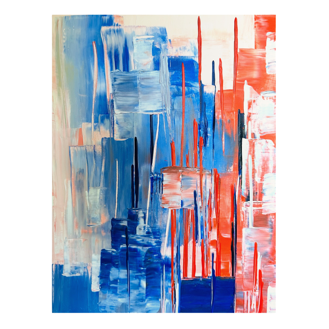 Abstraktes Acrylgemälde mit vertikalen Farbflächen und Linien in Kobaltblau, Orange-Rot und Weiß, in einer geometrisch-expressiven, modernen Komposition.