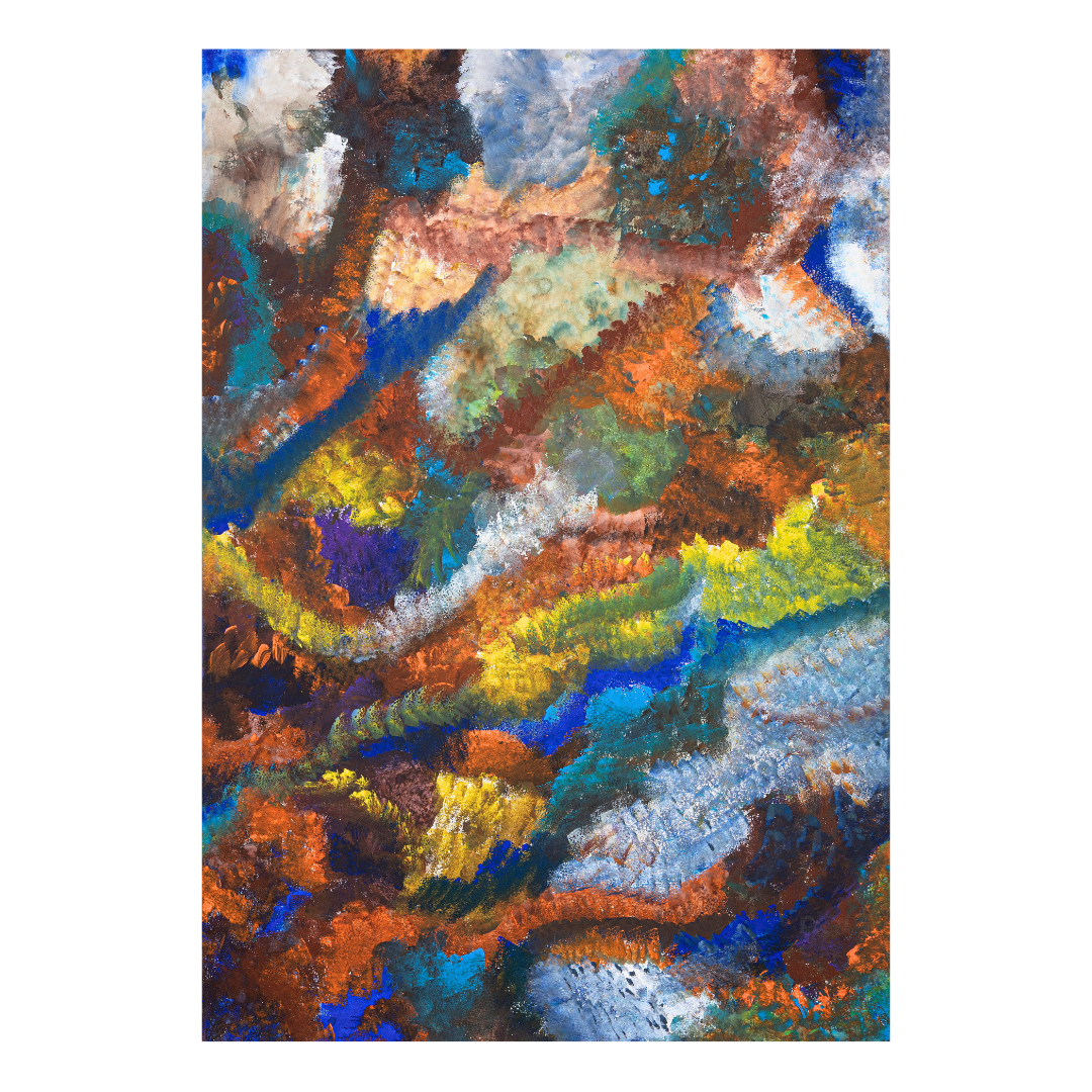 Abstraktes Gemälde mit impasto-artiger Textur, Farbkomposition in Erdtönen und Blau, zeitgenössische Originalkunst.