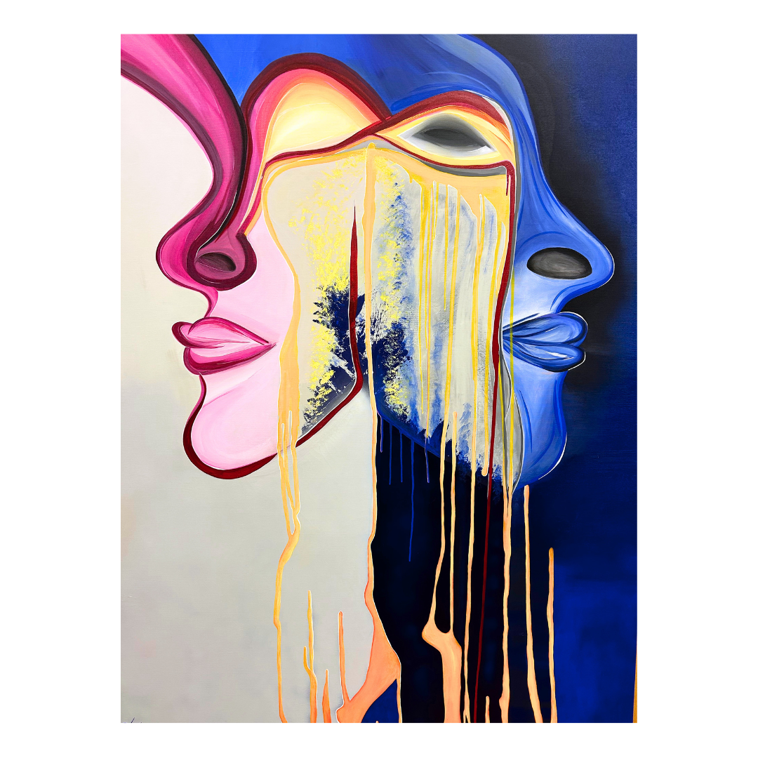 Abstraktes Kunstwerk mit zwei Figuren, die sich in einem emotionalen, symbolischen Tanz begegnen, dargestellt in dunklen und warmen Tönen, die Spannung, Nähe und innere Konflikte ausdrücken.