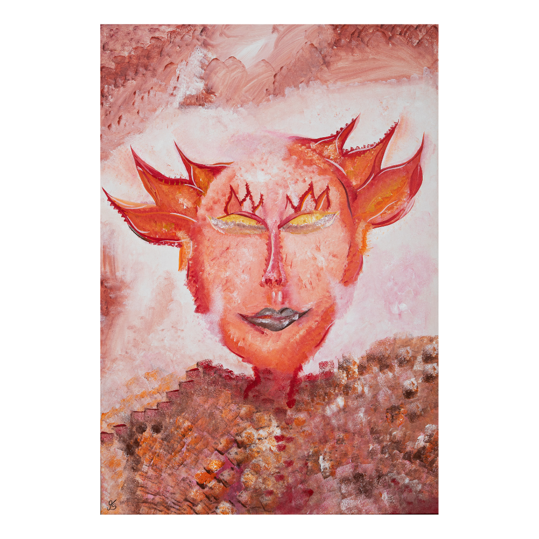 Expressives Acrylgemälde einer feurigen Fantasiefigur mit Flammenkrone und geschlossenen Augen in Orange-, Rot- und Rosatönen, als mythologisch-abstrakte Darstellung einer imaginären Spezies.