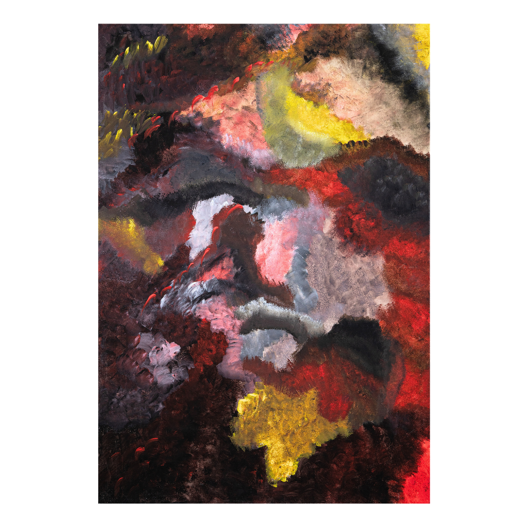 Abstraktes Gemälde, gemischte Technik auf Leinwand, dunkle atmosphärische Farbkomposition in Rot, Schwarz und Gelb, zeitgenössische Kunst original.