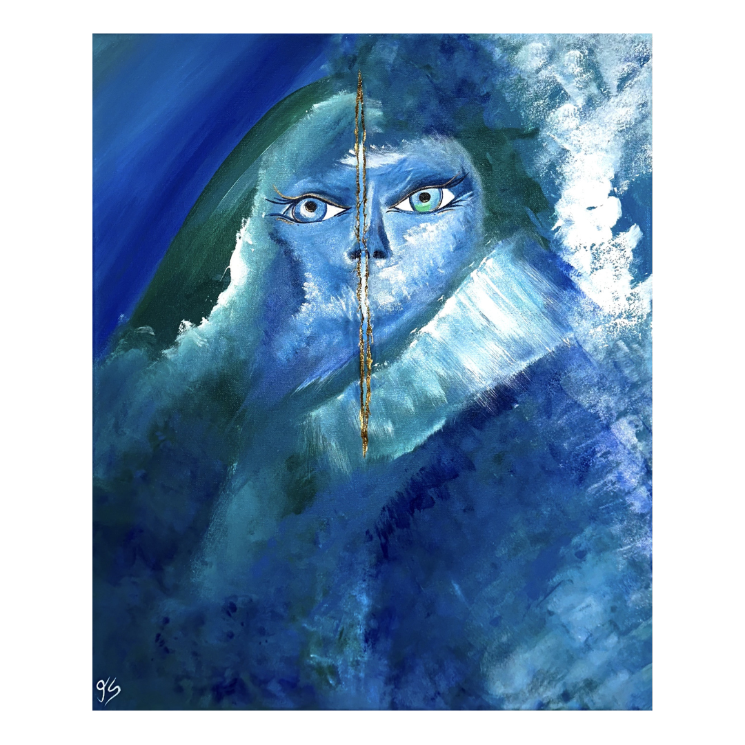 Figuratives Acrylgemälde einer Meeresgöttin in Blau- und Türkistönen mit goldenem Lichtspalt, das ein mystisches Frauenporträt inspiriert vom Uluwatu-Meer darstellt.