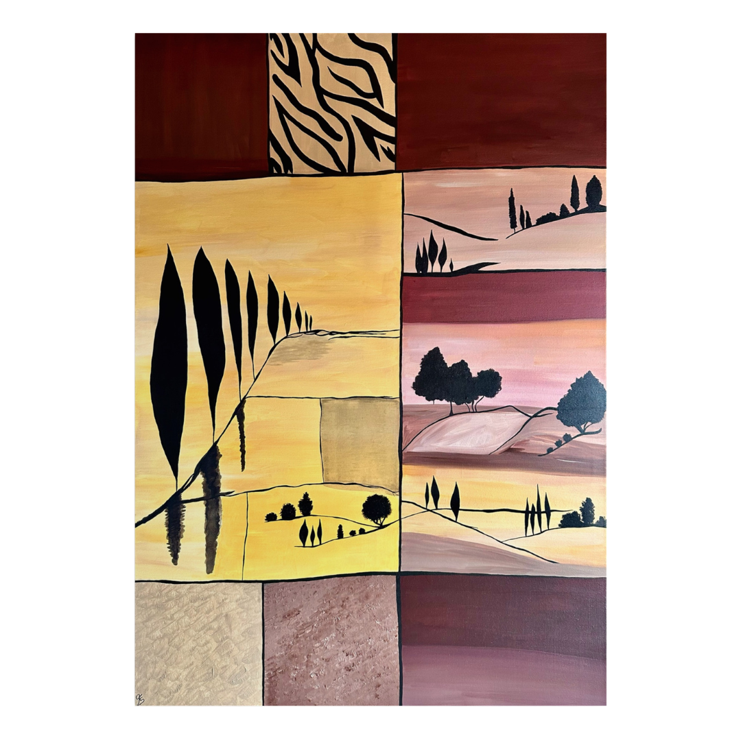 Abstraktes Acrylgemälde einer stilisierten Landschaft mit Zypressen und Hügeln in Gelb, Ocker und Bordeaux, unterteilt in dekorative Felder mit Zebramuster.