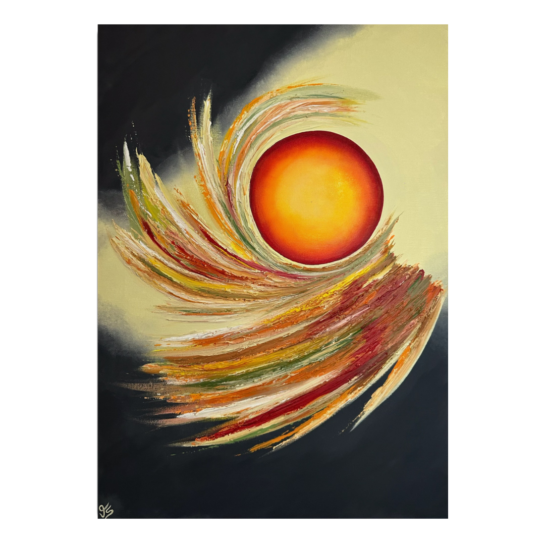 Abstraktes Acrylgemälde einer leuchtenden Sonnenscheibe in Orange-Rot mit spiralförmigen Pinselstrichen in Gold, Grün und Rot vor dunklem Hintergrund.