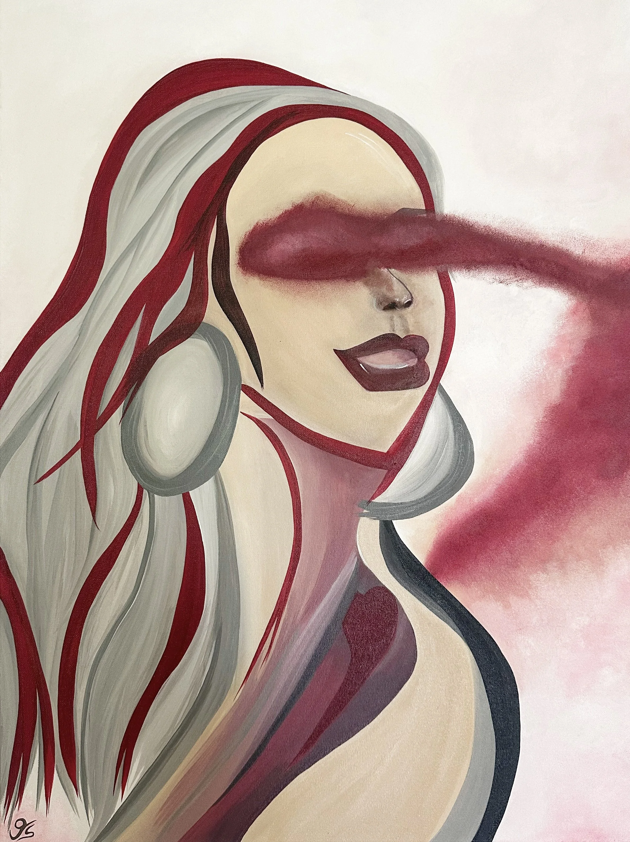 Figuratives Acrylgemälde einer Frau mit weißen Haaren und einem nebelartigen, rosaroten Schleier vor den Augen, in Bordeaux-, Creme- und Grautönen, das Liebe als emotionalen, inneren Zustand zwischen Kopf und Herz symbolisiert.