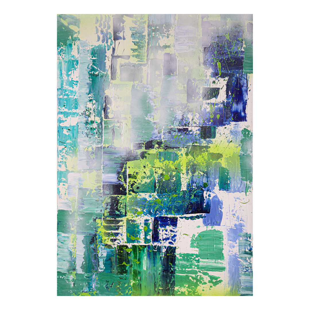 Abstraktes Acrylgemälde mit geometrischen Farbflächen und strukturierter Textur in Türkis, Gelbgrün, Blau und Weiß.