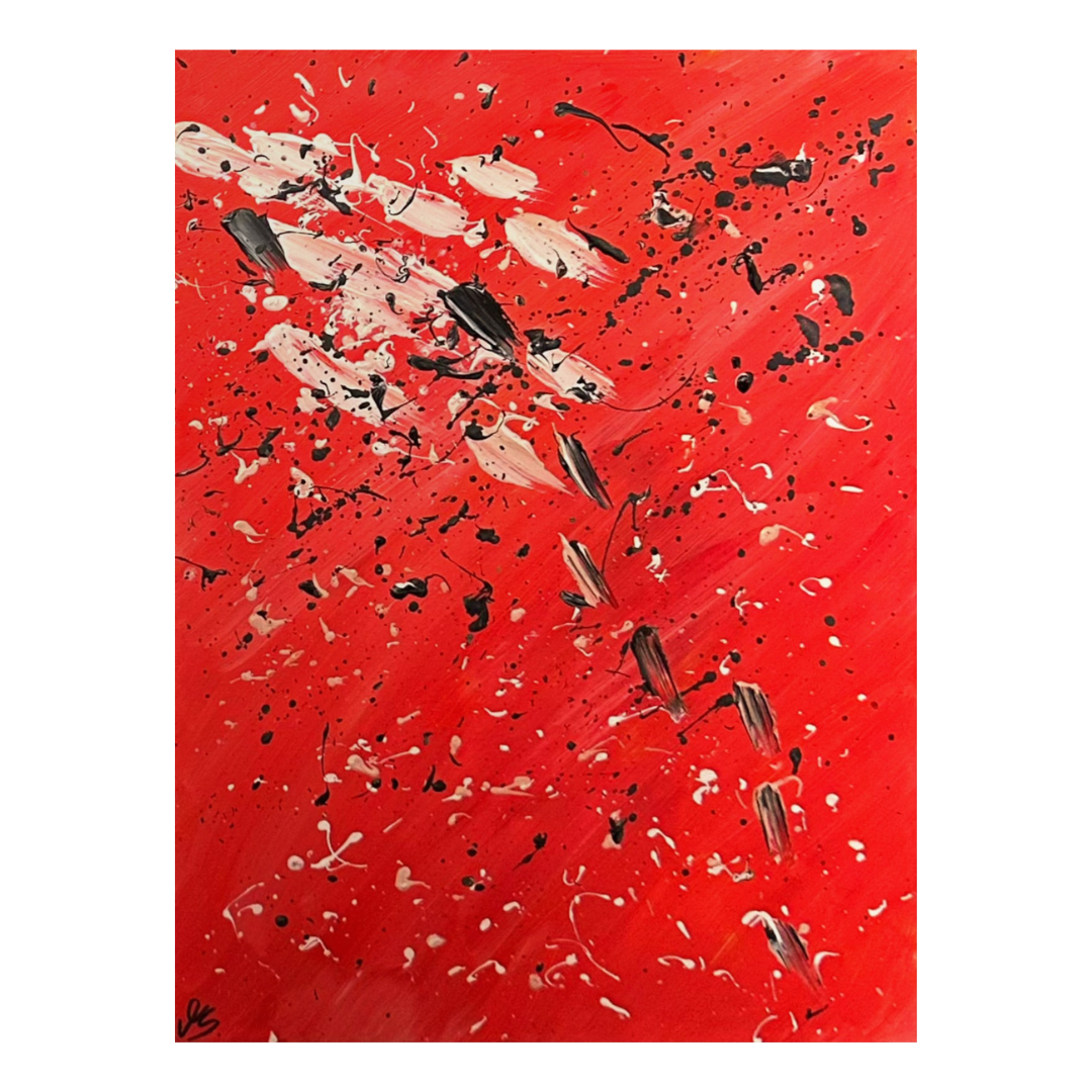Abstraktes großformatiges Acrylgemälde im Stil des Action Painting mit expressiven Farbtupfern und Spritzern in Schwarz und Weiß auf leuchtend rotem Hintergrund.