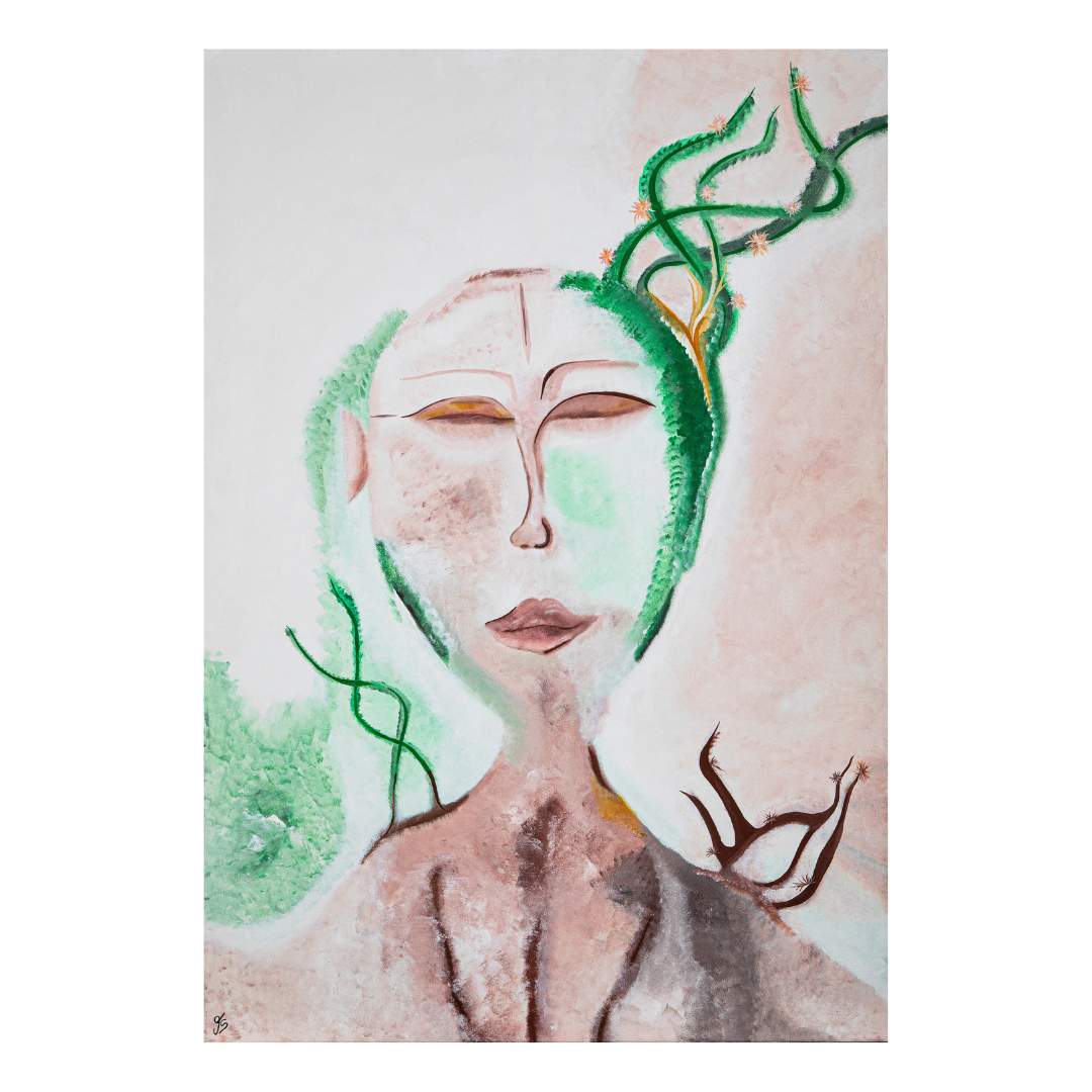 Figuratives Acrylgemälde einer meditativen Fantasiefigur mit grünen Ranken und Kaktuspflanzen im Haar in Mintgrün-, Rosa- und Erdtönen, als symbolistisch-abstrakte Darstellung des Element Erde.